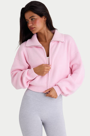 Ribbed Knit Zip-Up Cropped Sweatshirt in Pale Pink