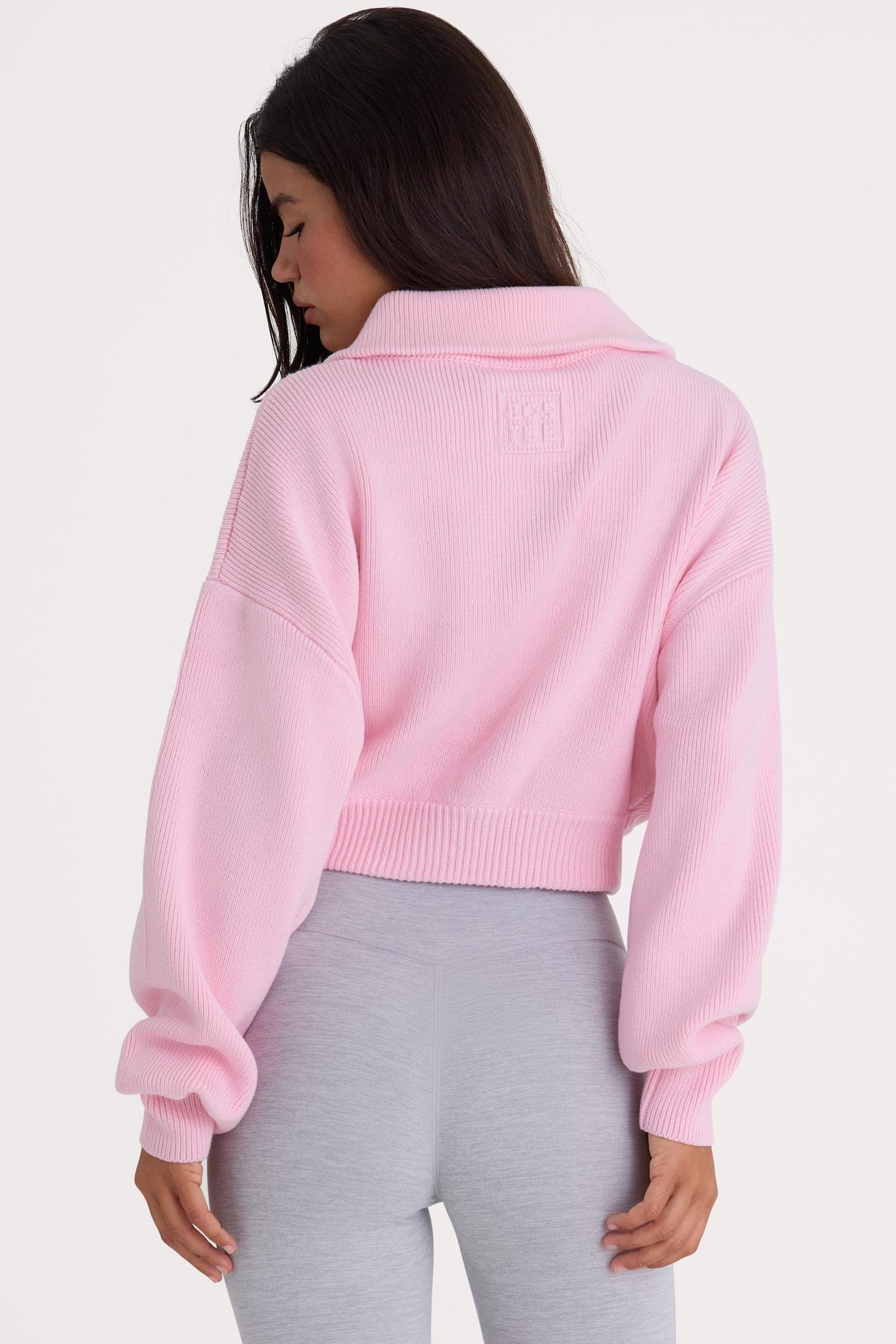 Ribbed Knit Zip-Up Cropped Sweatshirt in Pale Pink - 3
