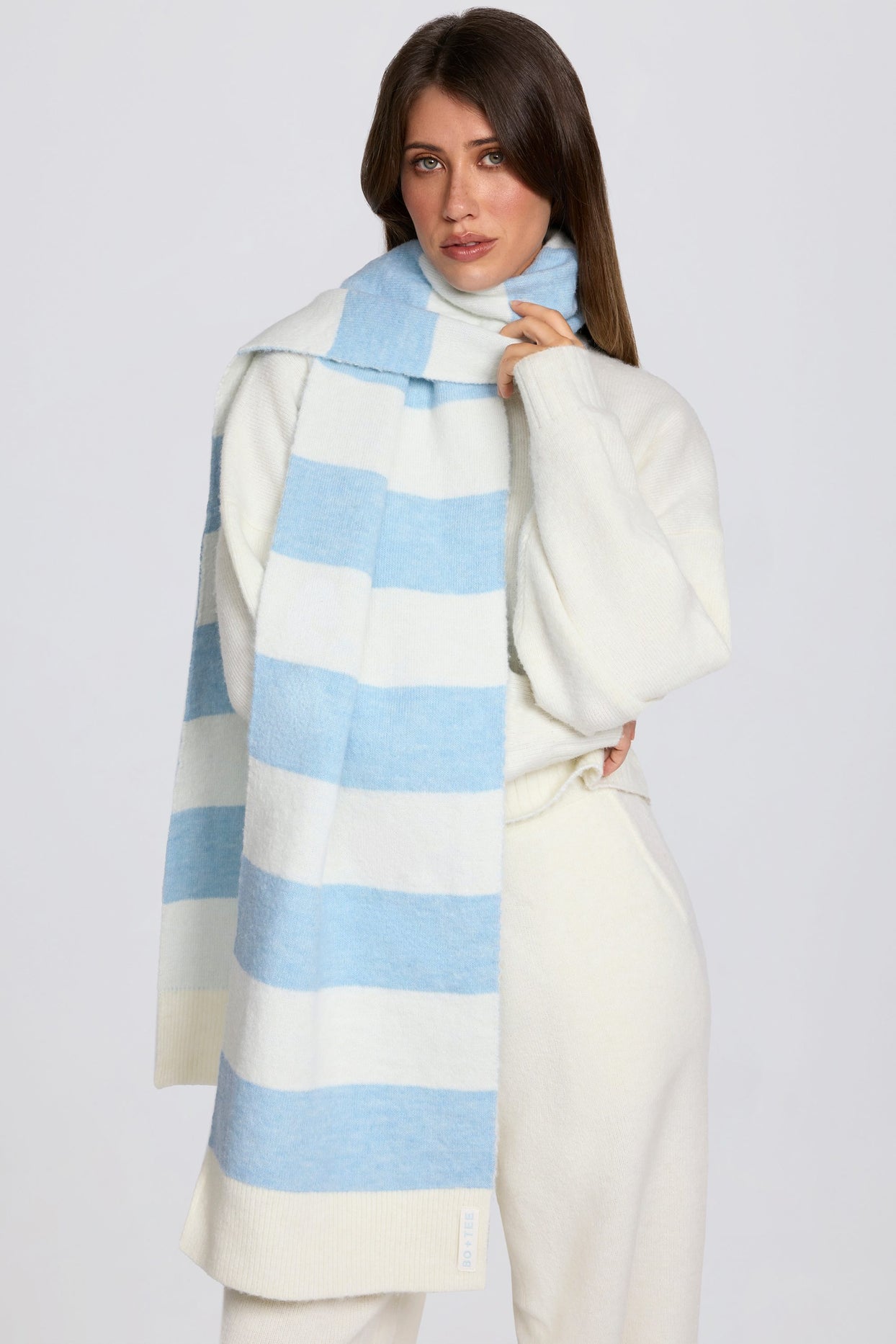 Knit Striped Scarf in Powder Blue - 4