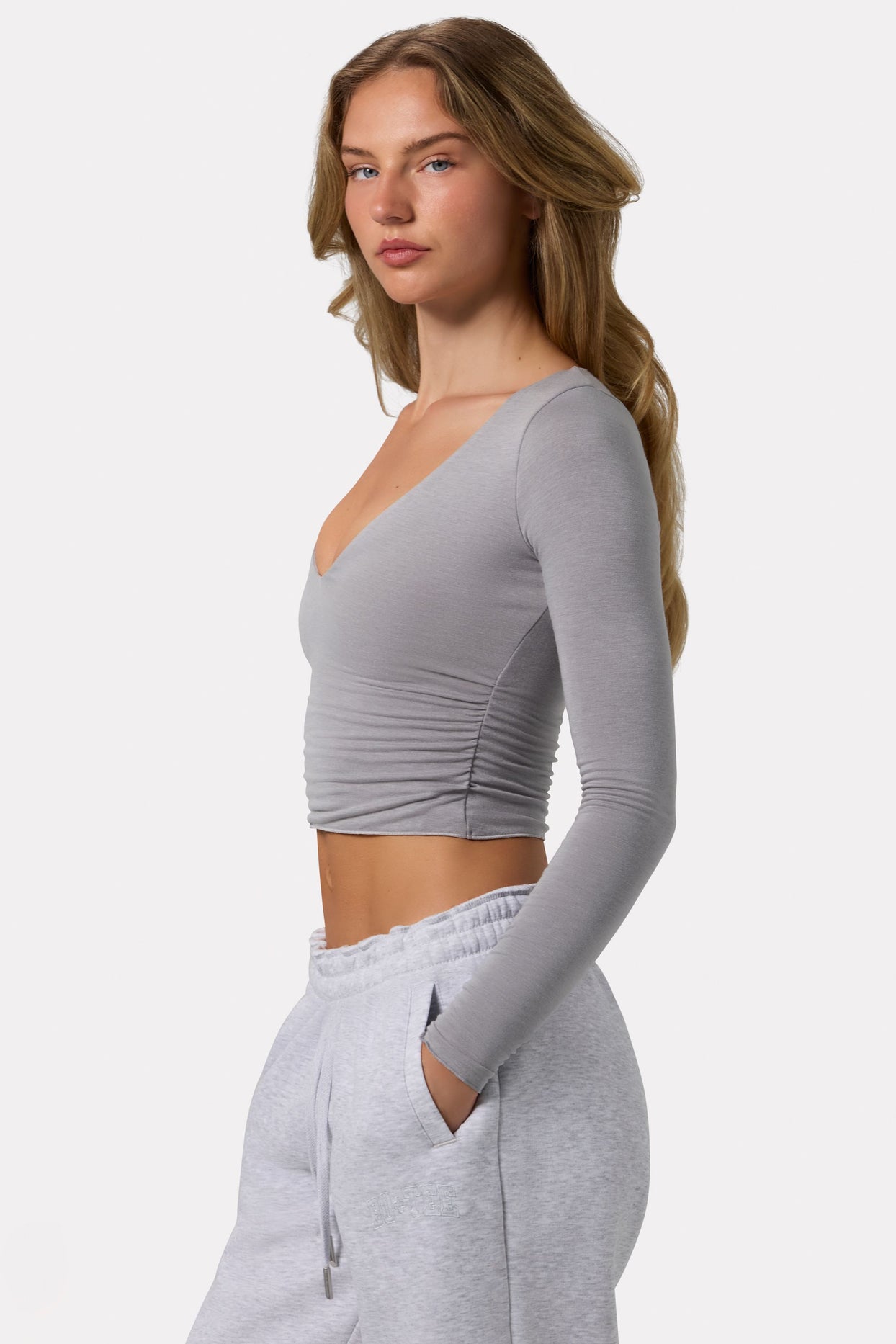 Ruched Long-Sleeve Crop Top in Grey - 3