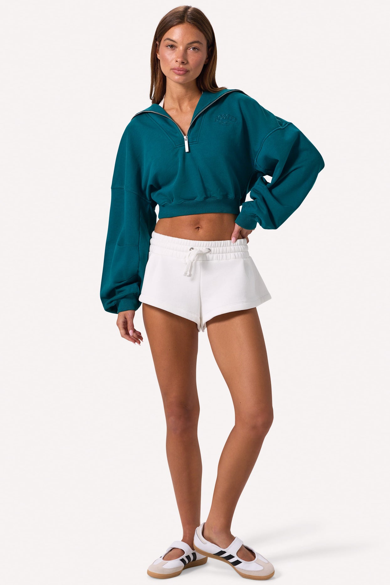 Quarter-Zip Cropped Sweatshirt in Teal - 4