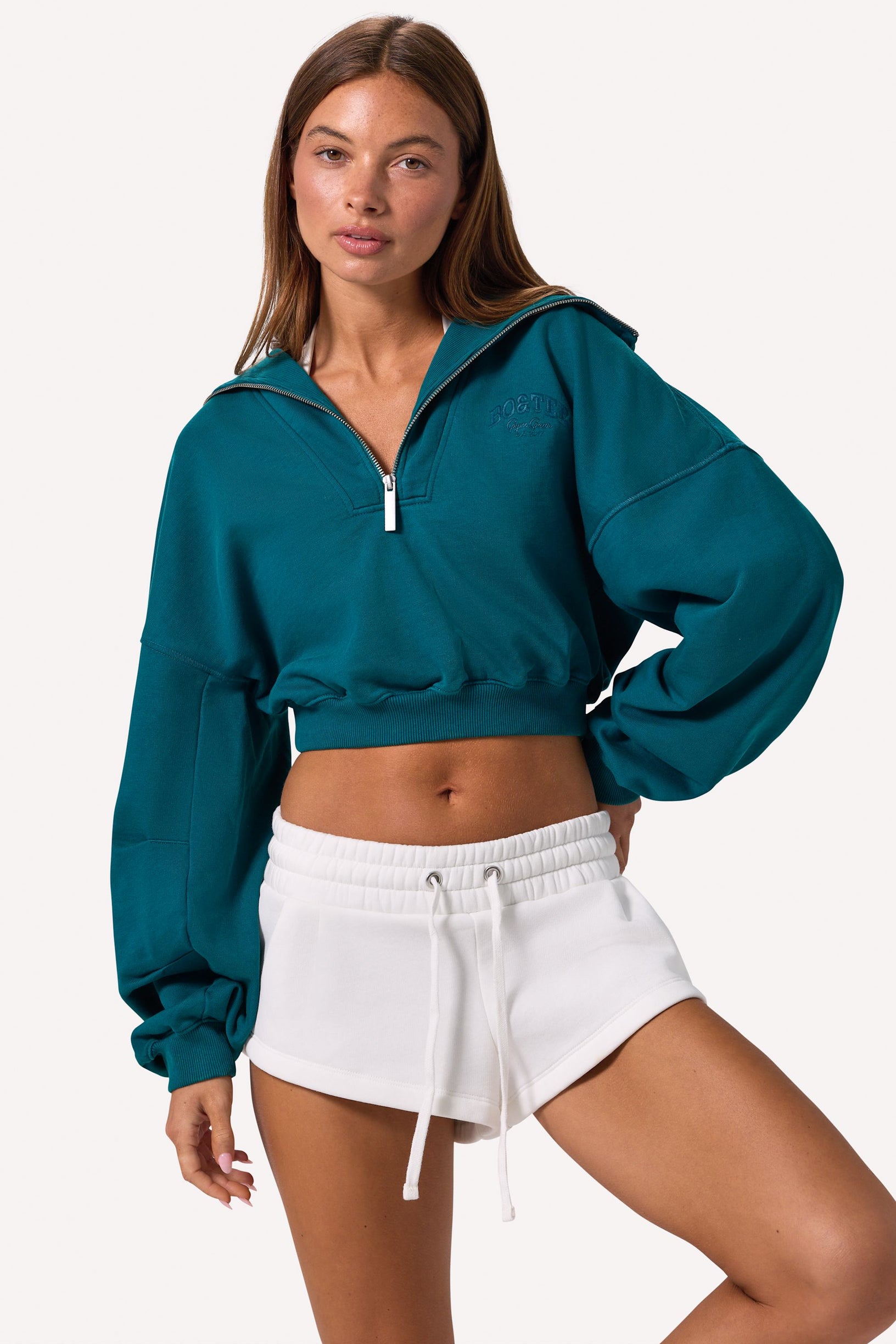 Quarter-Zip Cropped Sweatshirt in Teal - 1