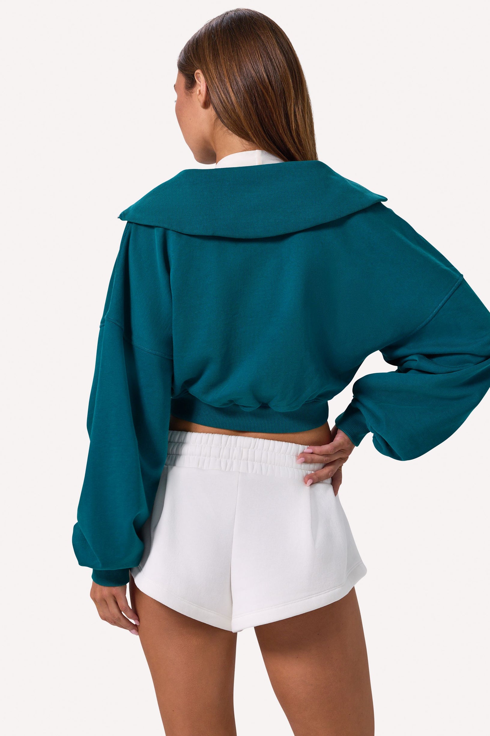 Quarter-Zip Cropped Sweatshirt in Teal - 2