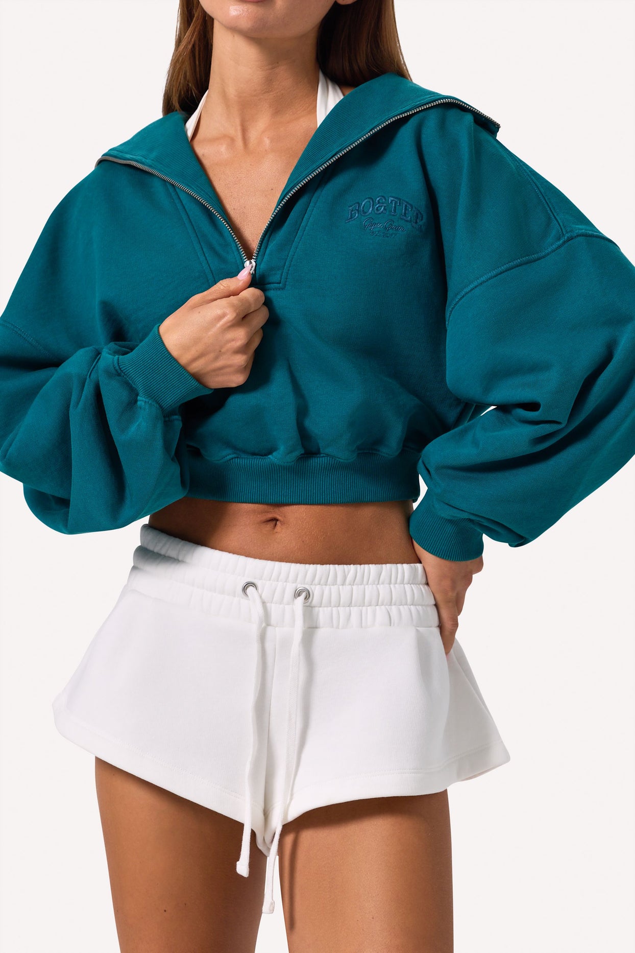 Quarter-Zip Cropped Sweatshirt in Teal - 3