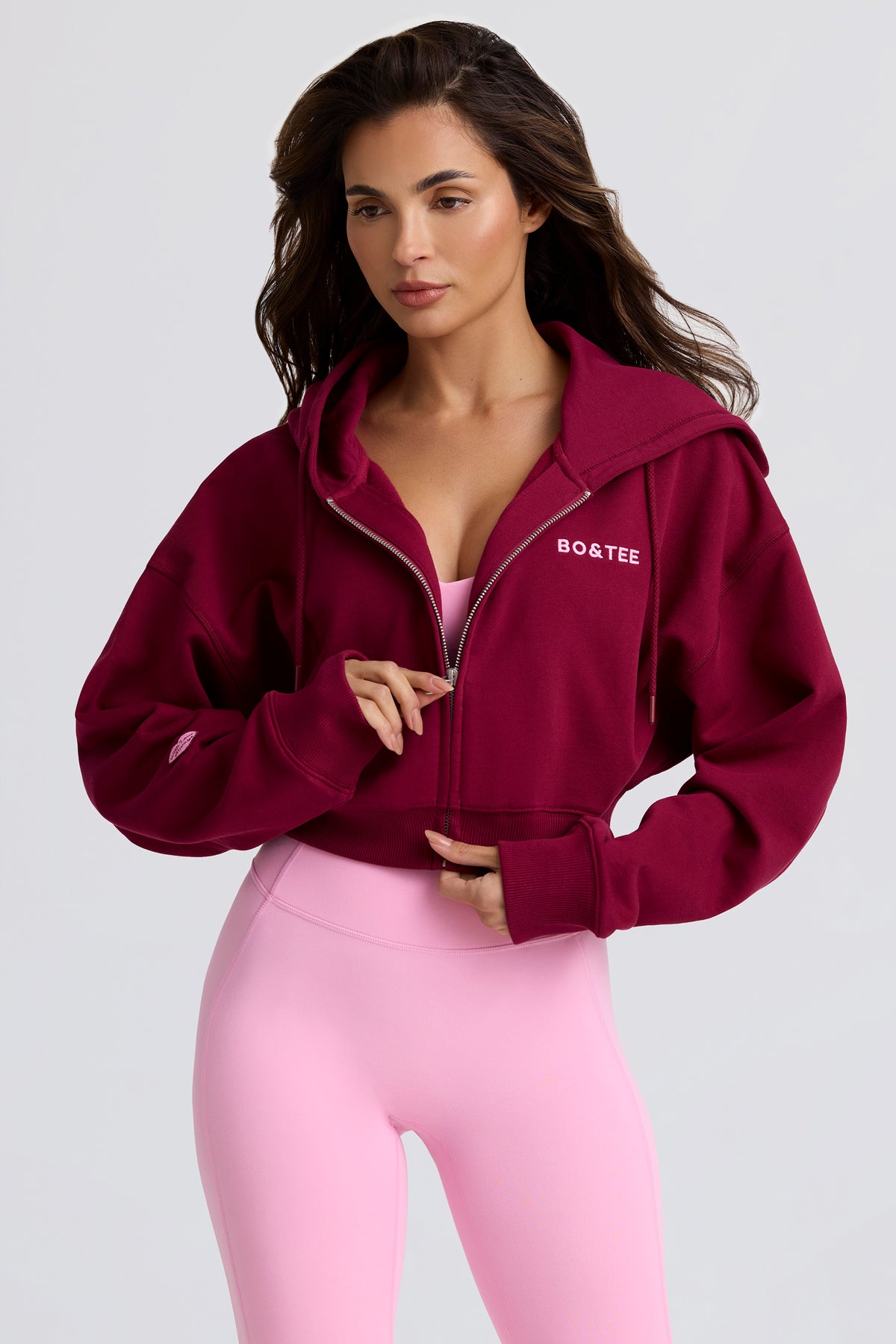 Cropped Zip-Up Hoodie in Burgundy