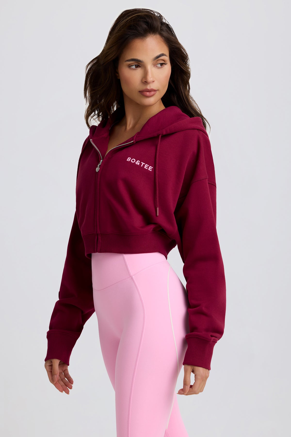 Cropped Zip-Up Hoodie in Burgundy