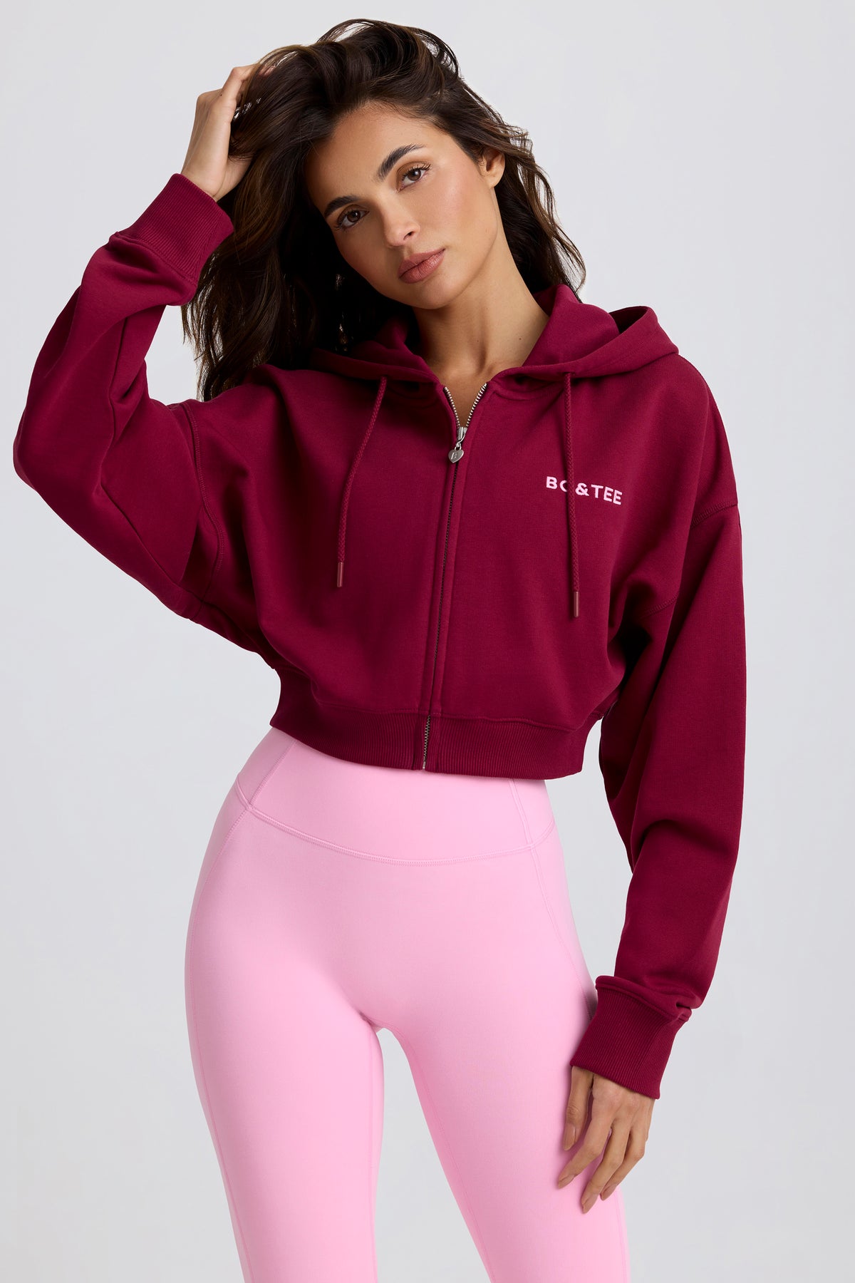 Cropped Zip-Up Hoodie in Burgundy