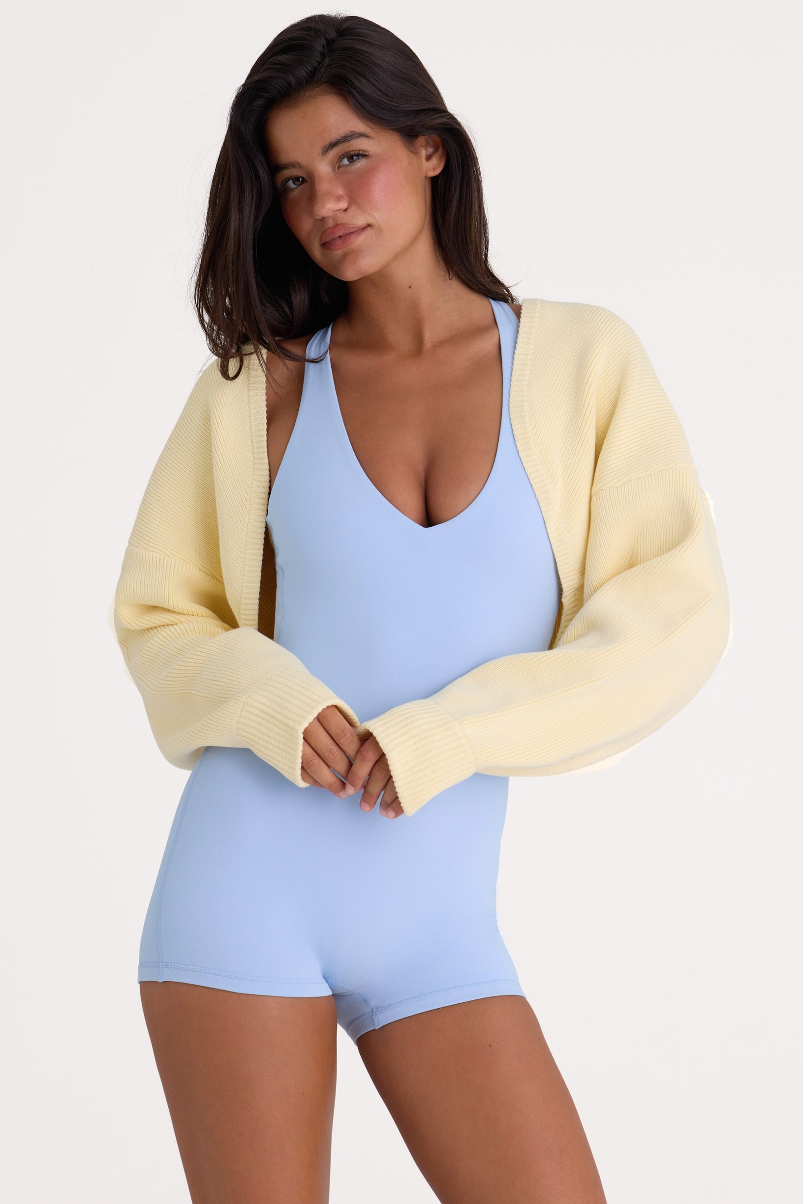 Ribbed-Knit Cropped Shrug in Lemon - 2