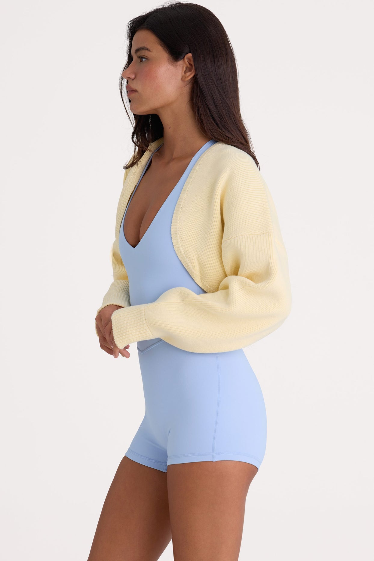 Ribbed-Knit Cropped Shrug in Lemon - 3