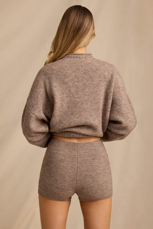 Mid-Rise Knit Mini Shorts in Brown Marl