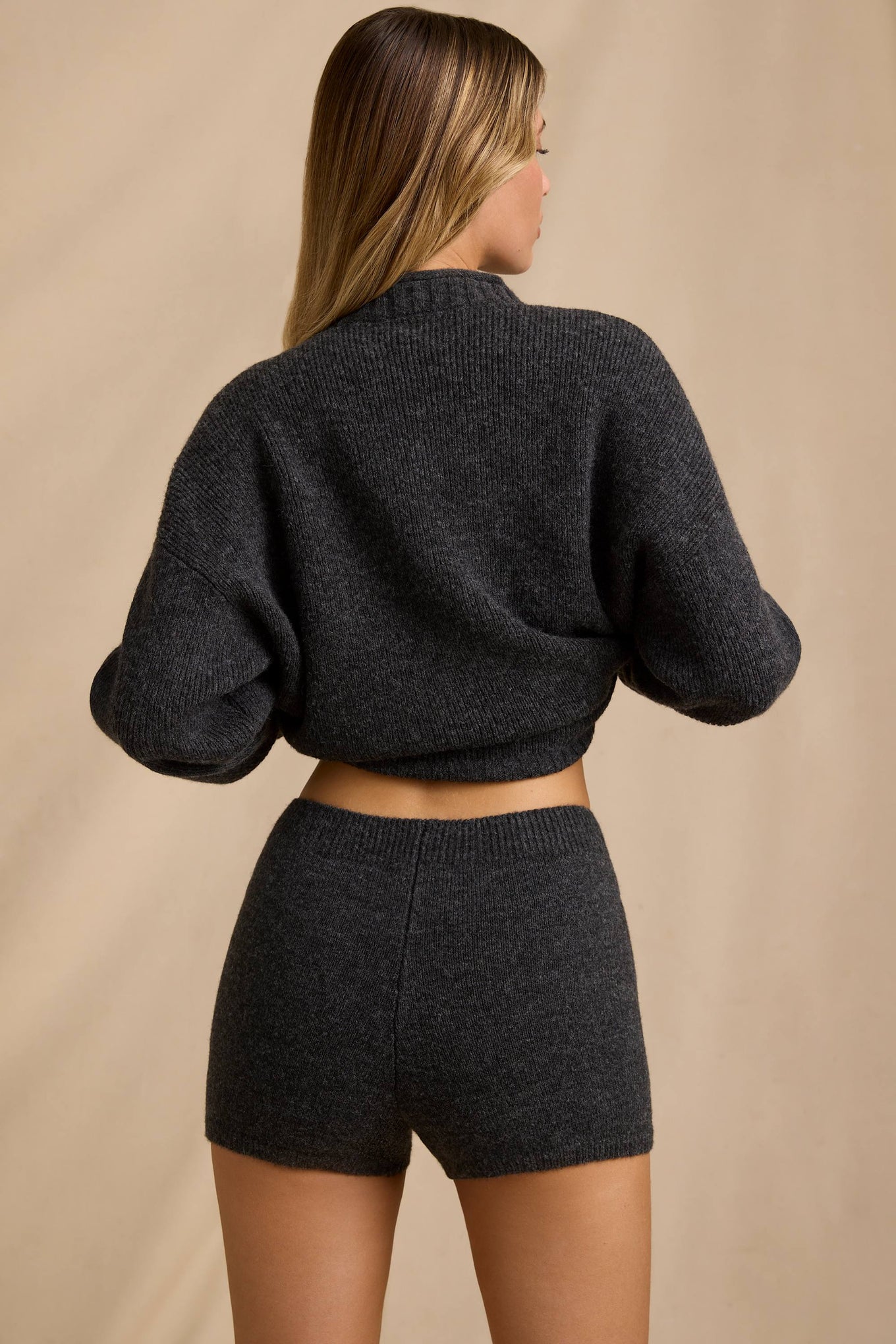 Mid-Rise Knit Mini Shorts in Charcoal Marl - 2