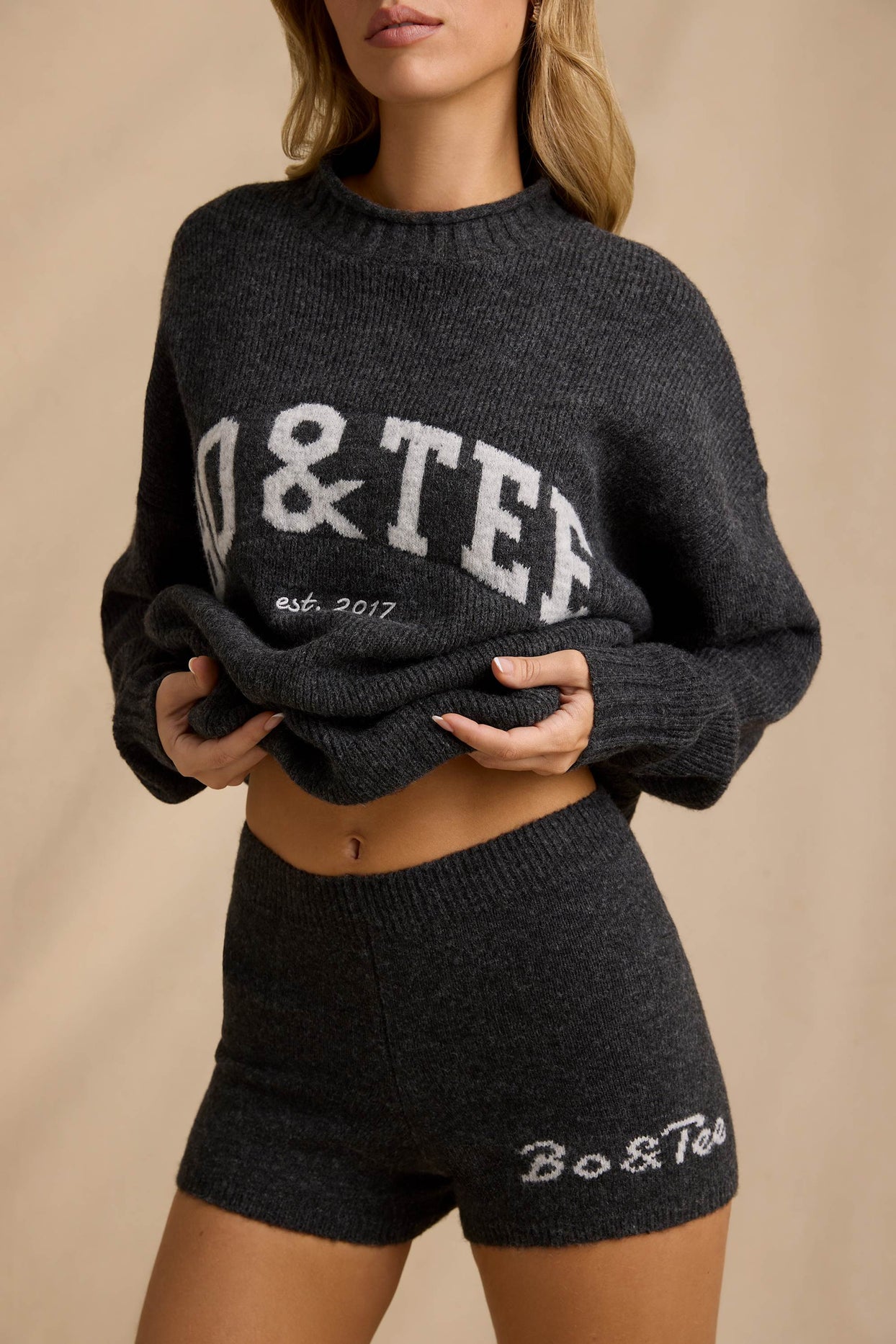 Mid-Rise Knit Mini Shorts in Charcoal Marl - 4