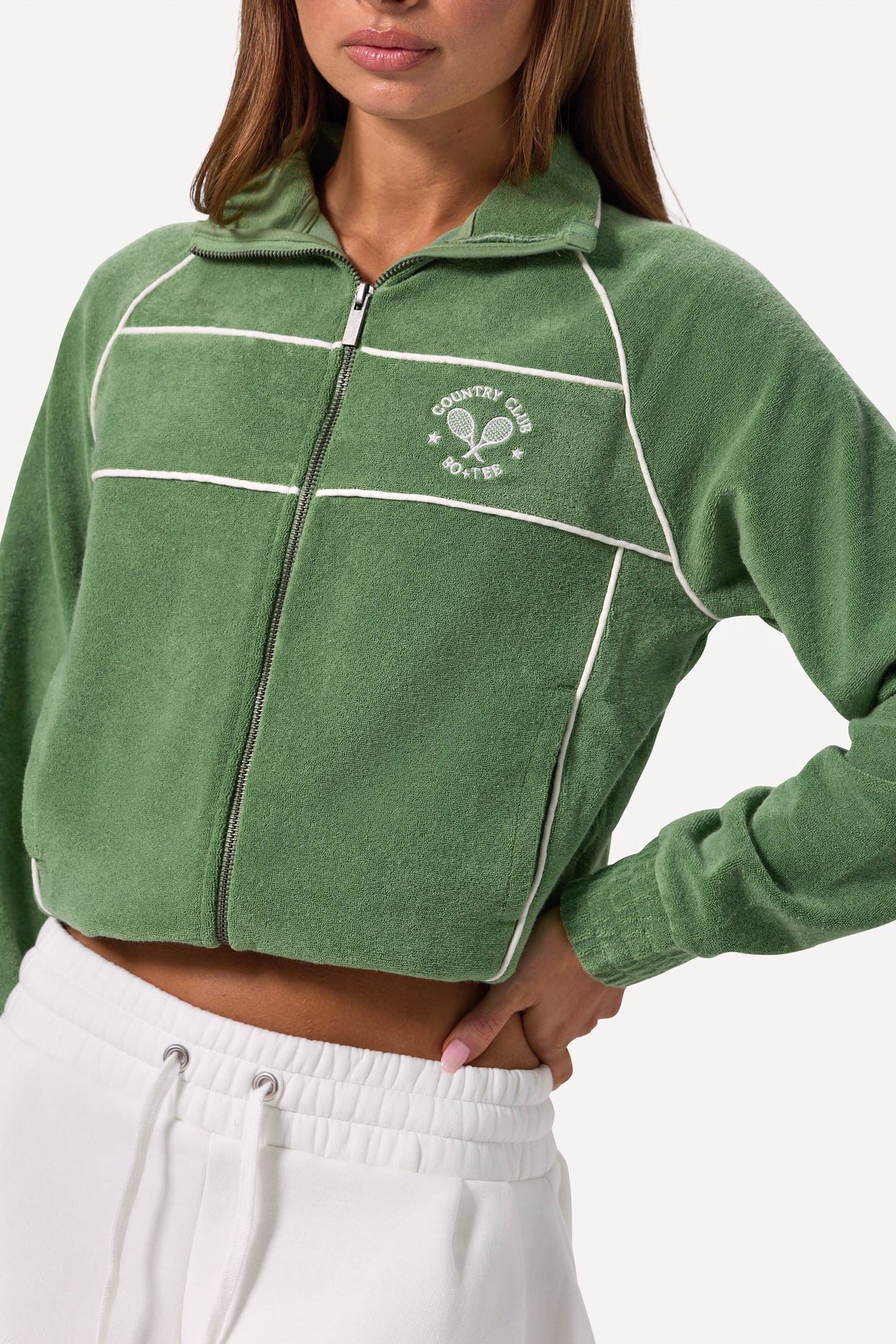 Terry Towelling Zip-Up Cropped Sweatshirt in Jade - 3