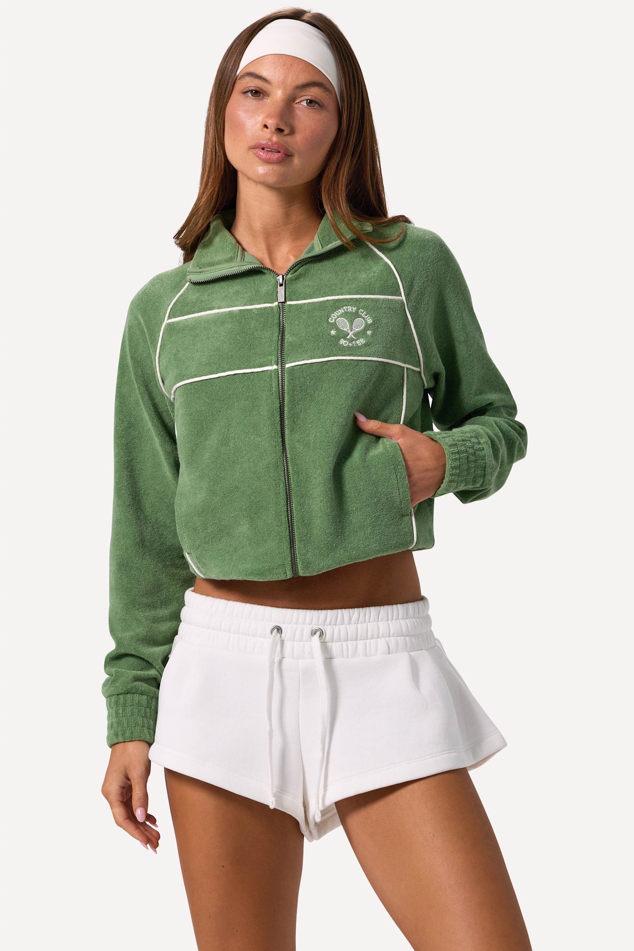 Terry Towelling Zip-Up Cropped Sweatshirt in Jade - 1