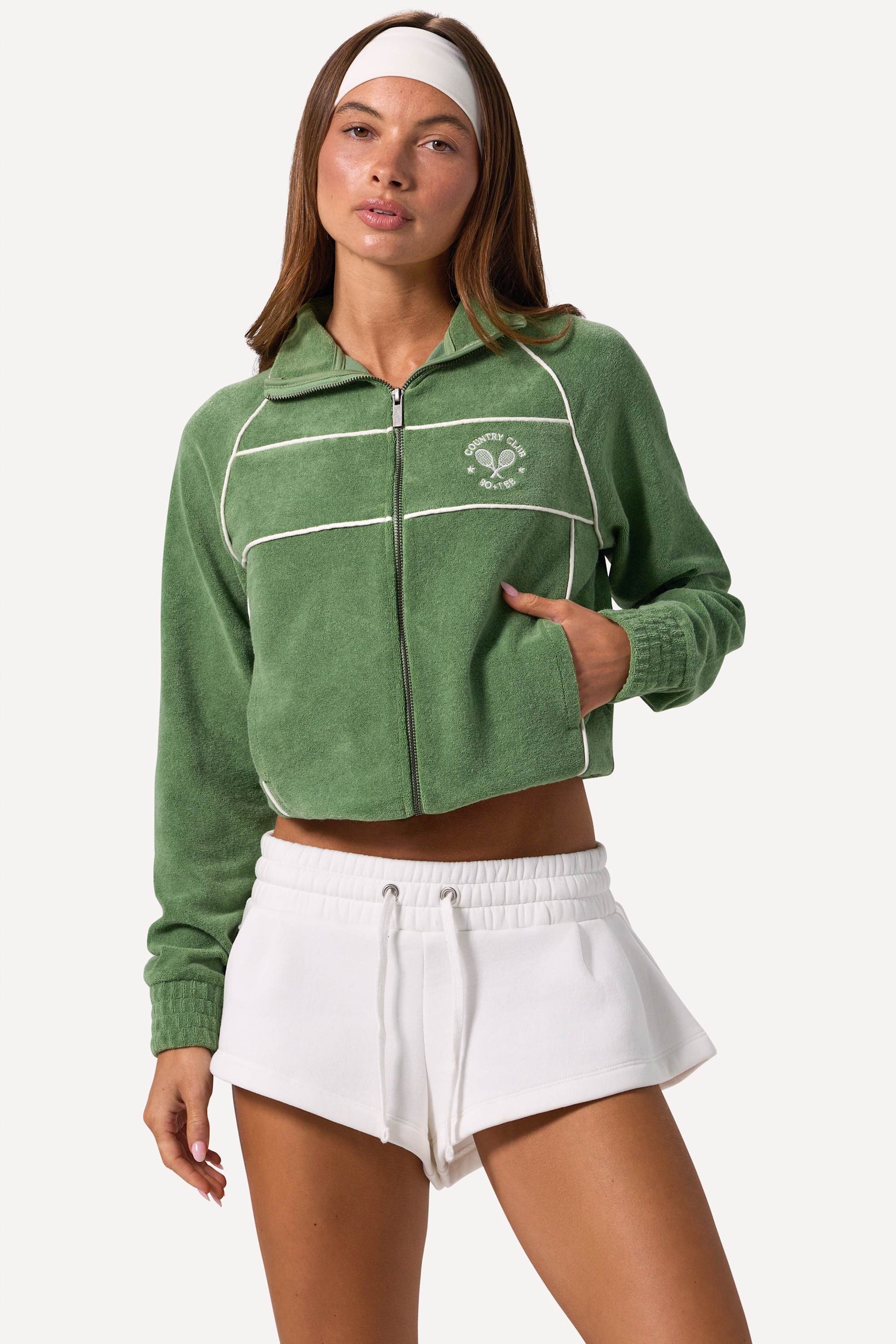 Terry Towelling Zip-Up Cropped Sweatshirt in Jade - 1
