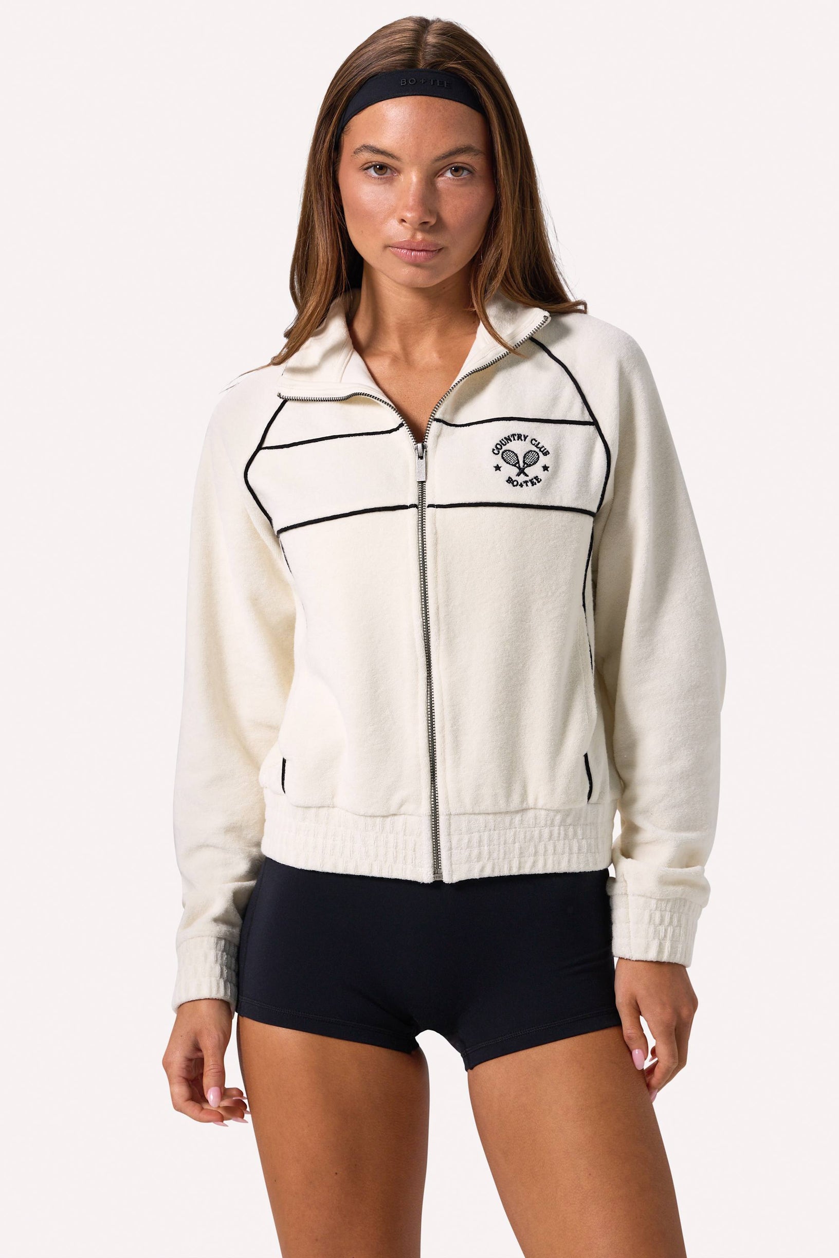 Terry Towelling Zip-Up Cropped Sweatshirt in Ivory - 1