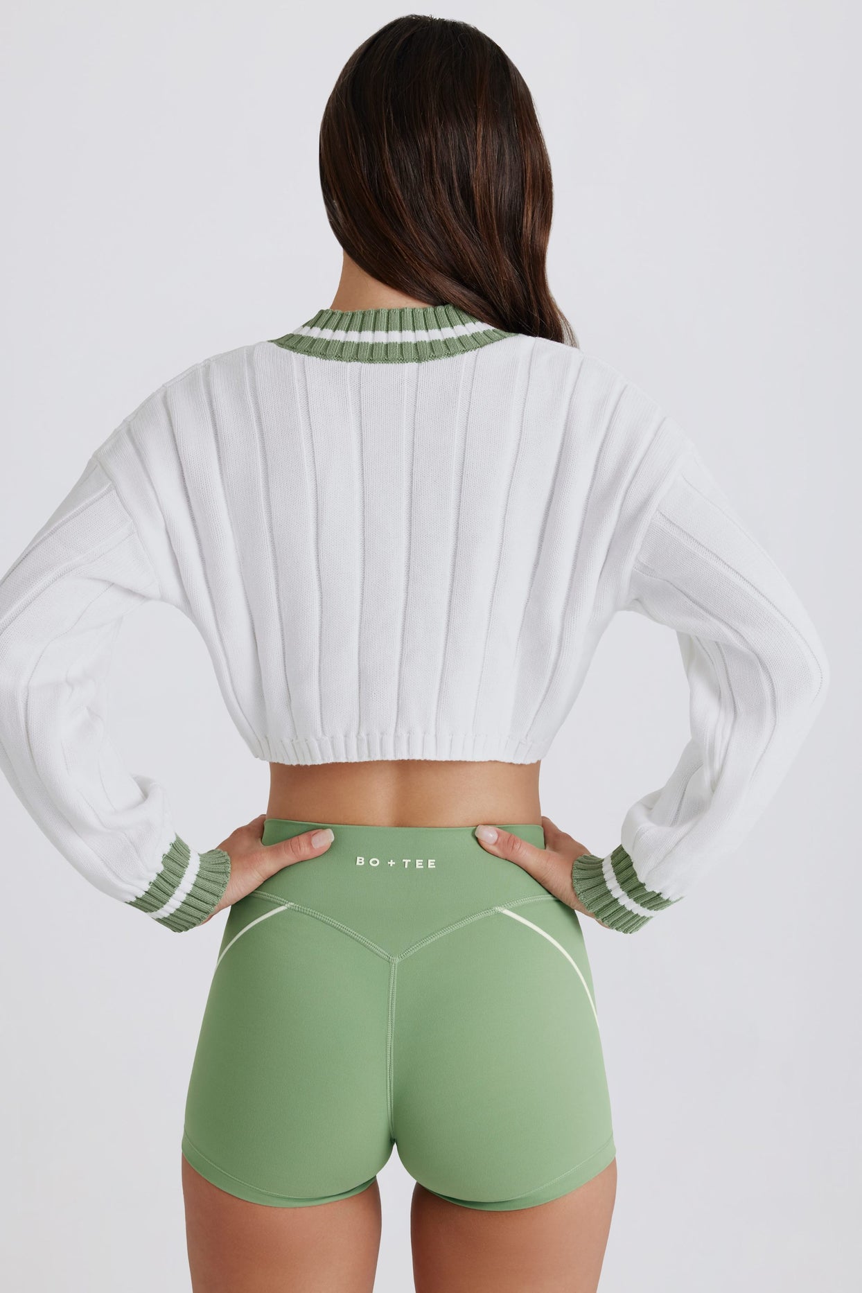 Cable Knit Cotton Cropped Jumper in Green Ivory - 2