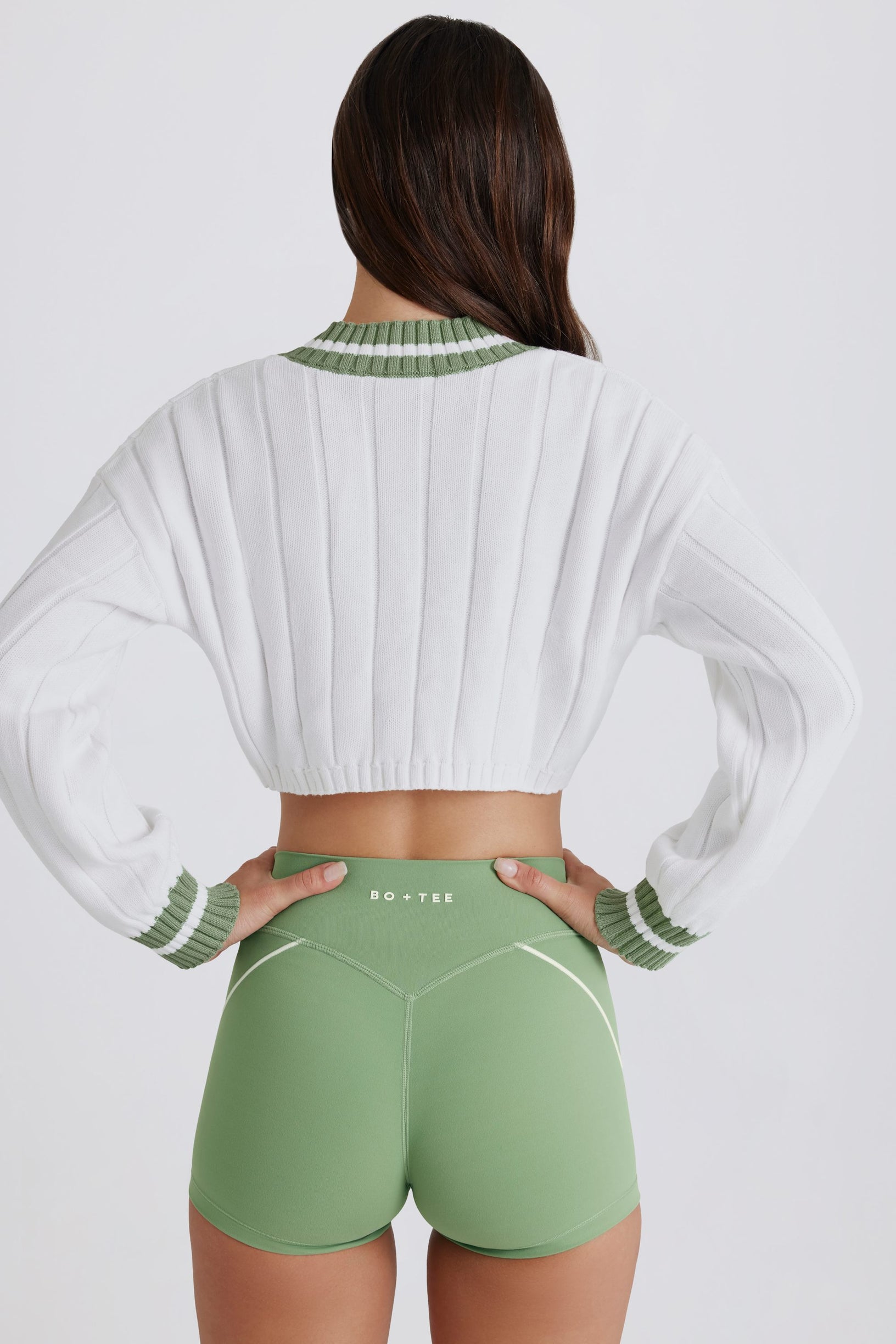 Cable Knit Cotton Cropped Jumper in Green Ivory - 2