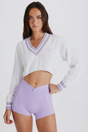 Cable Knit Cotton Cropped Jumper in Lilac Ivory