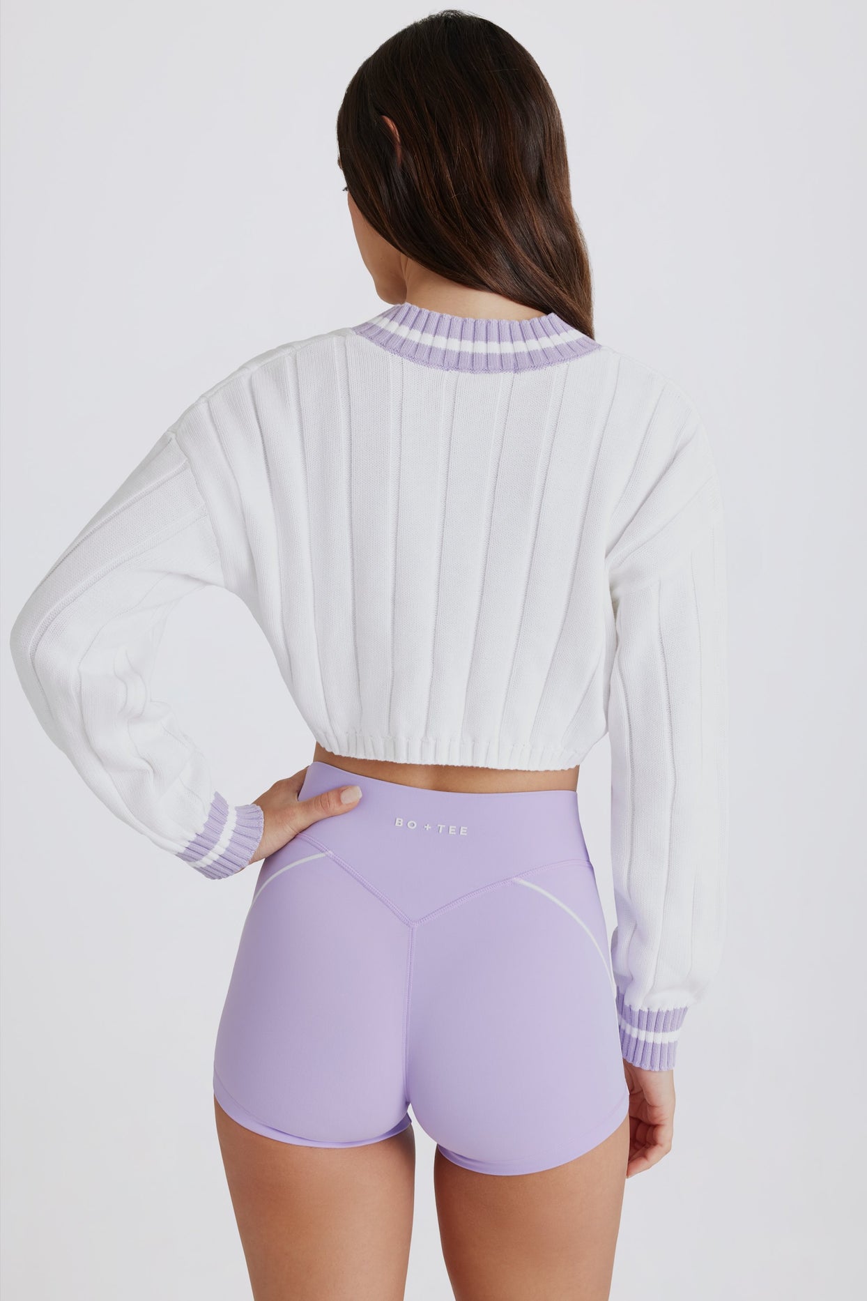 Cable Knit Cotton Cropped Jumper in Lilac Ivory - 2