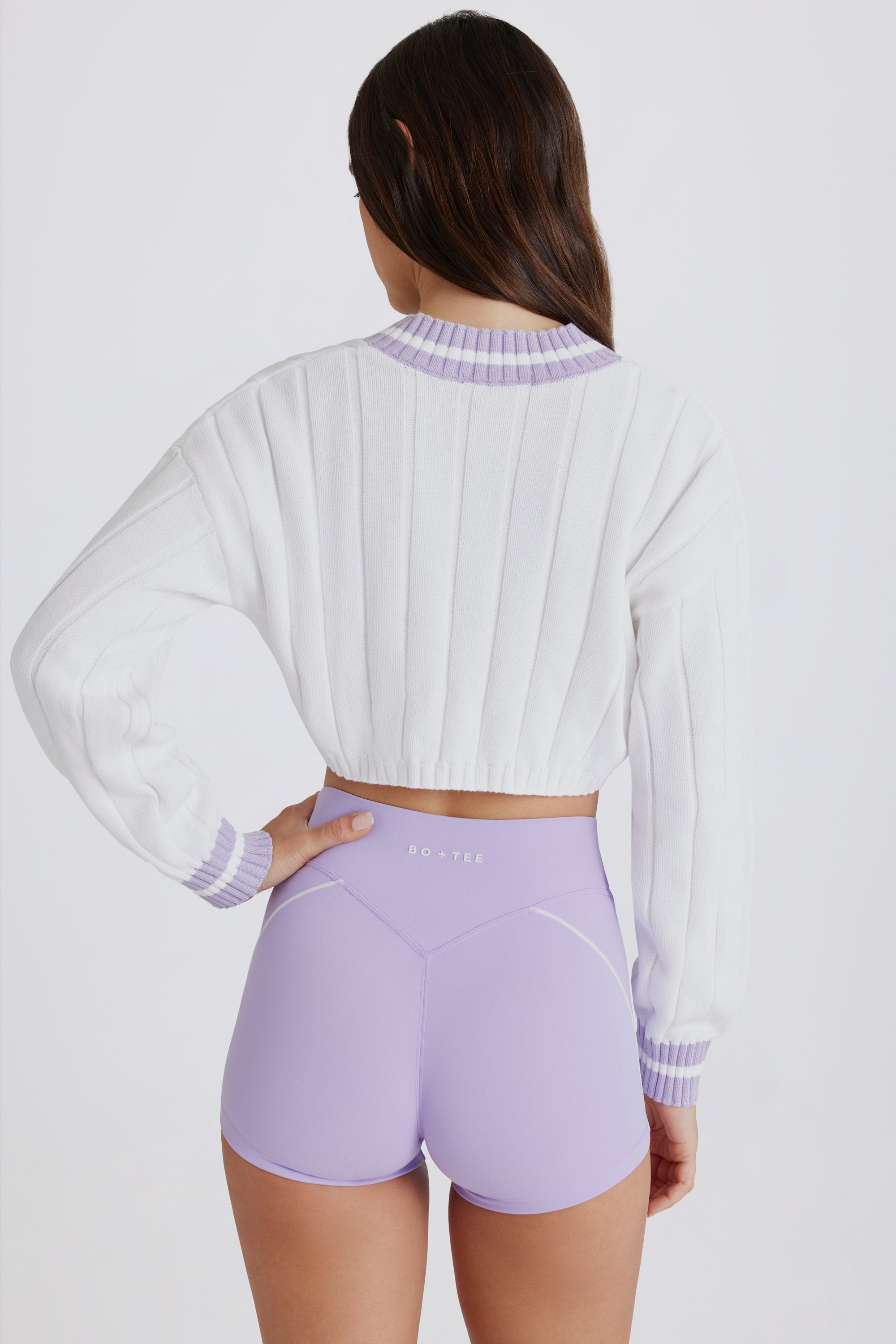 Cable Knit Cotton Cropped Jumper in Lilac Ivory - 2