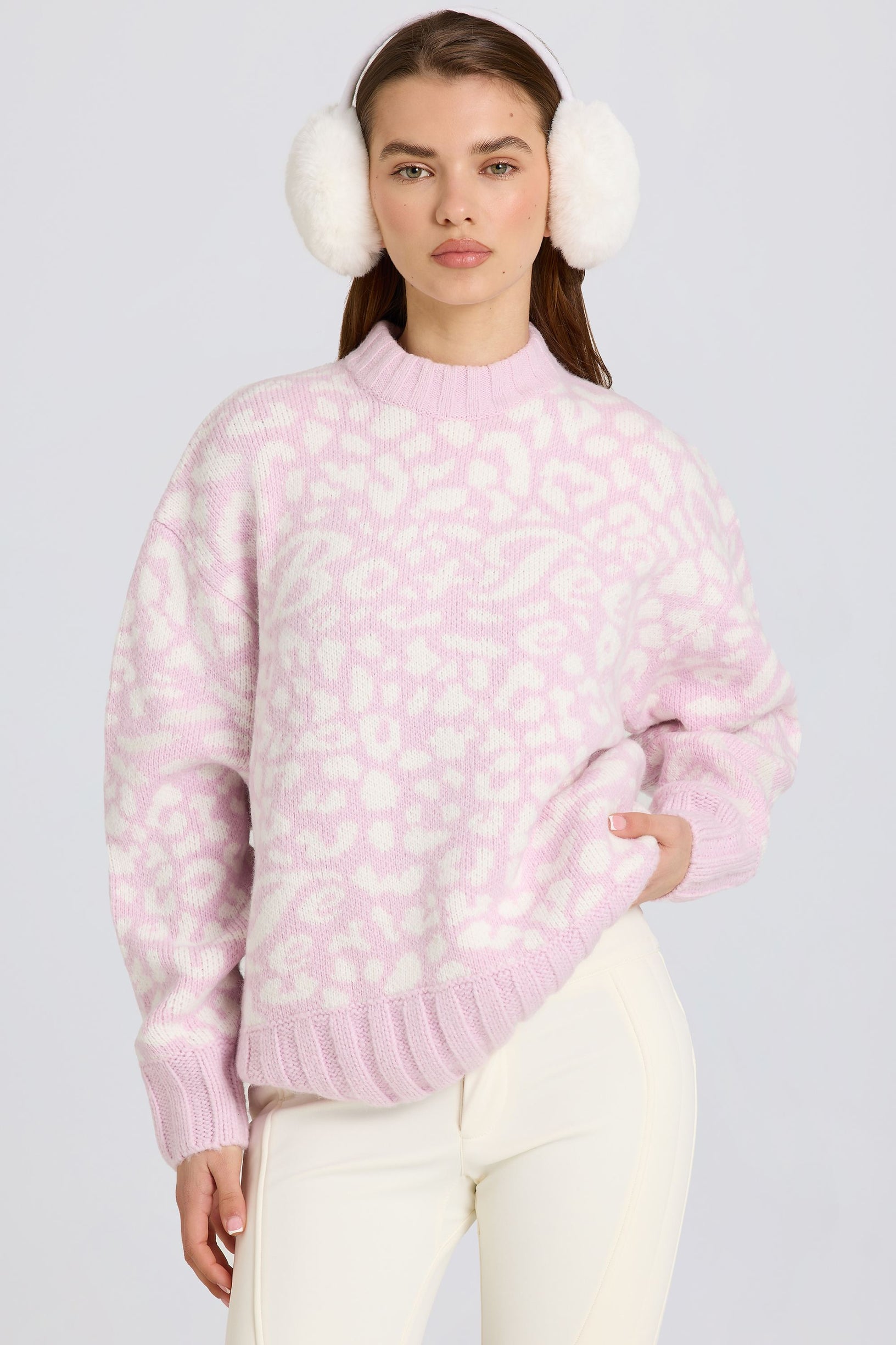 Jacquard-Knit Oversized Jumper in Pink - 1