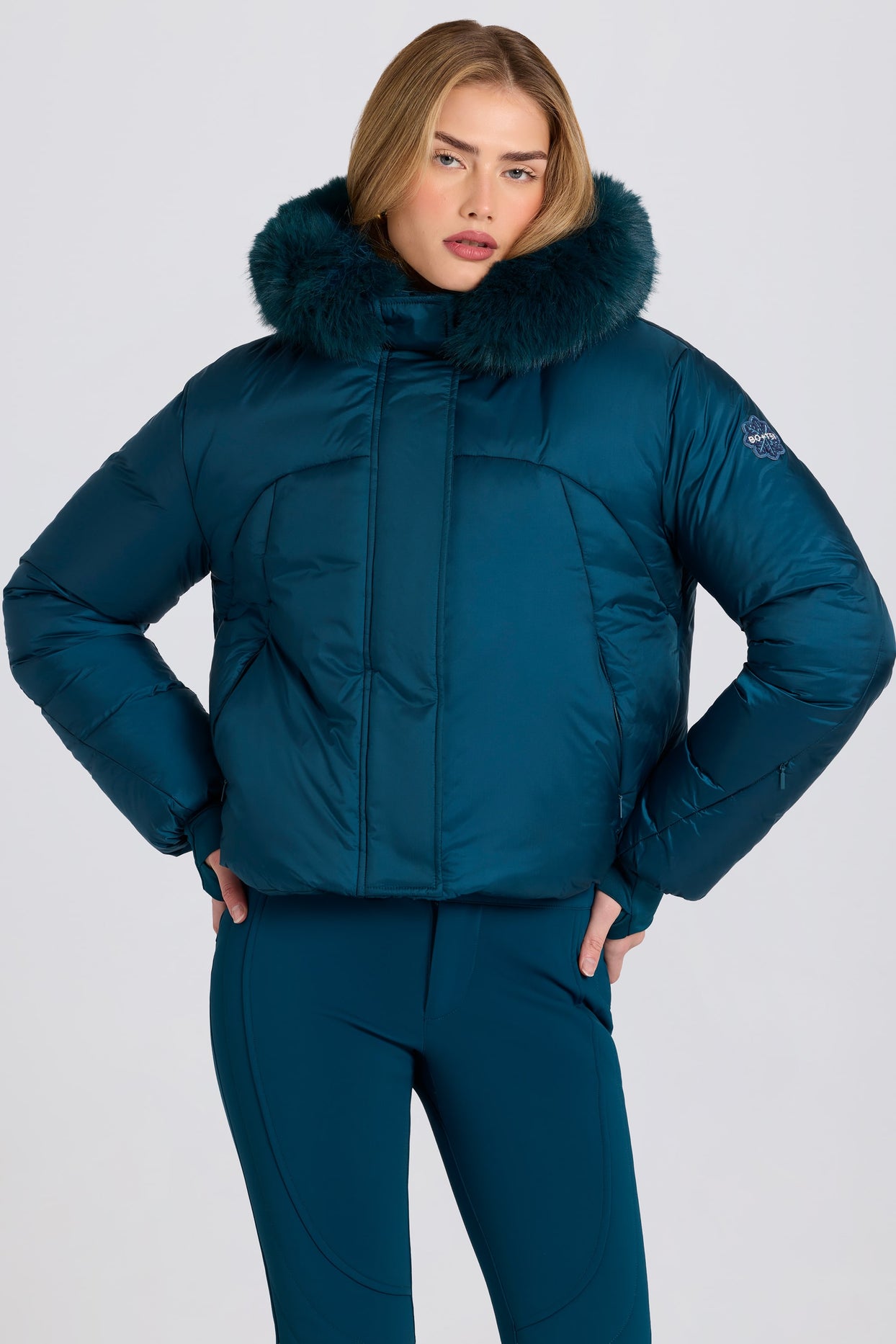 Waterproof Faux-Fur Hood Cropped Ski Jacket in Teal - 3