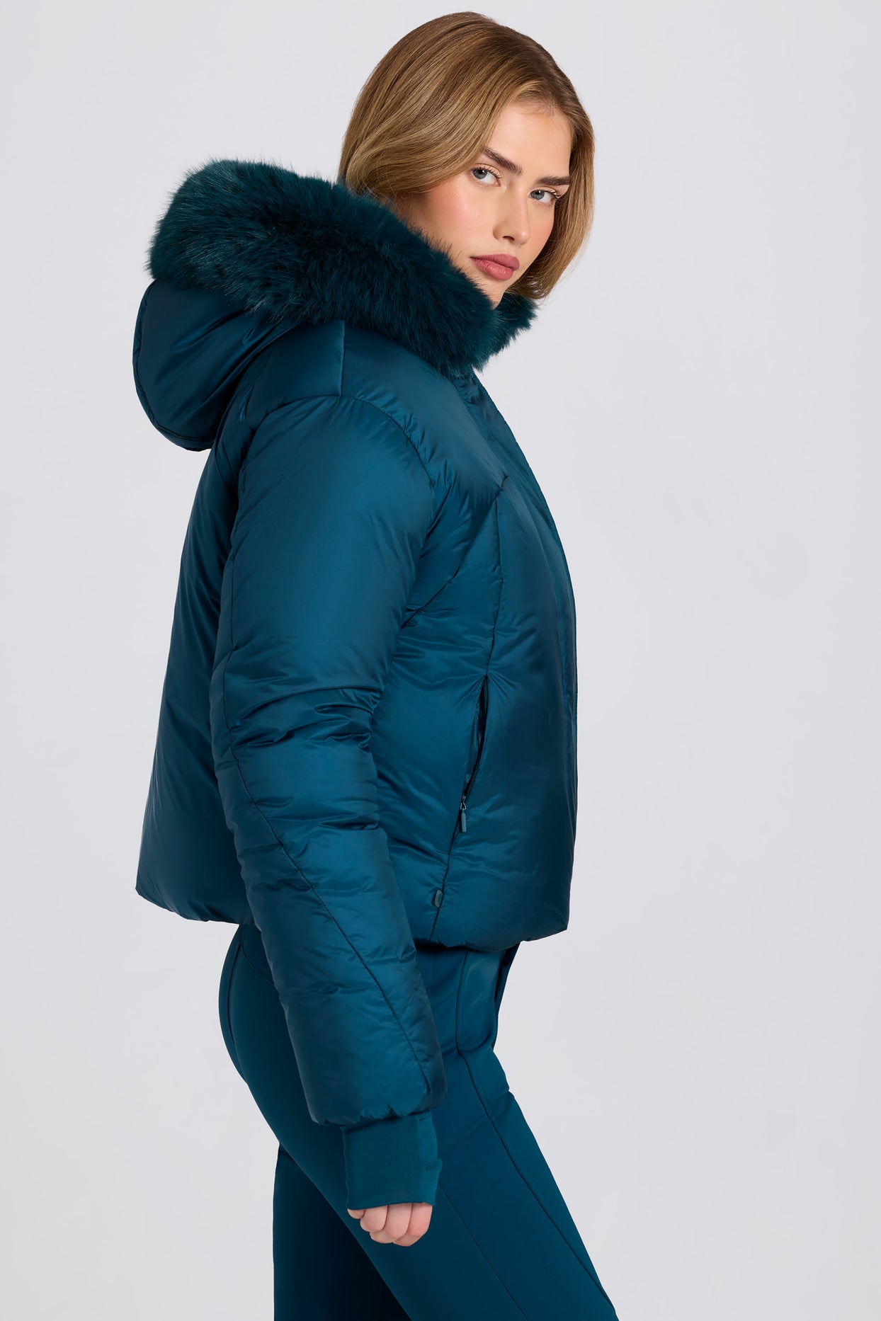 Waterproof Faux-Fur Hood Cropped Ski Jacket in Teal - 4