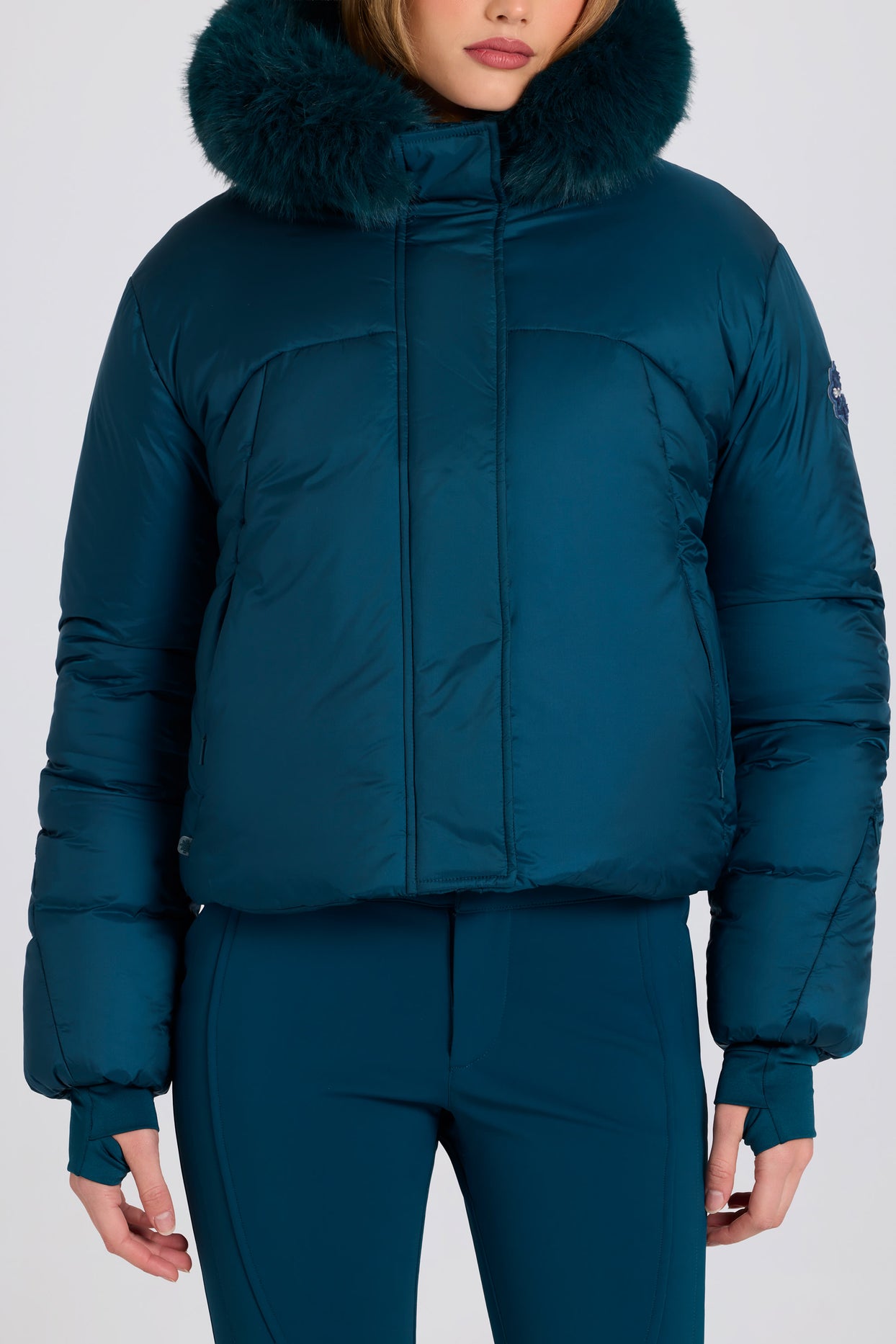 Waterproof Faux-Fur Hood Cropped Ski Jacket in Teal - 5