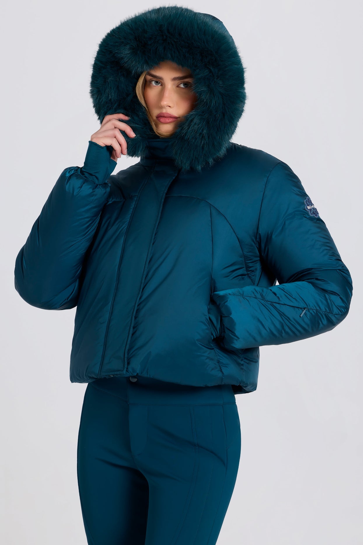 Waterproof Faux-Fur Hood Cropped Ski Jacket in Teal - 6