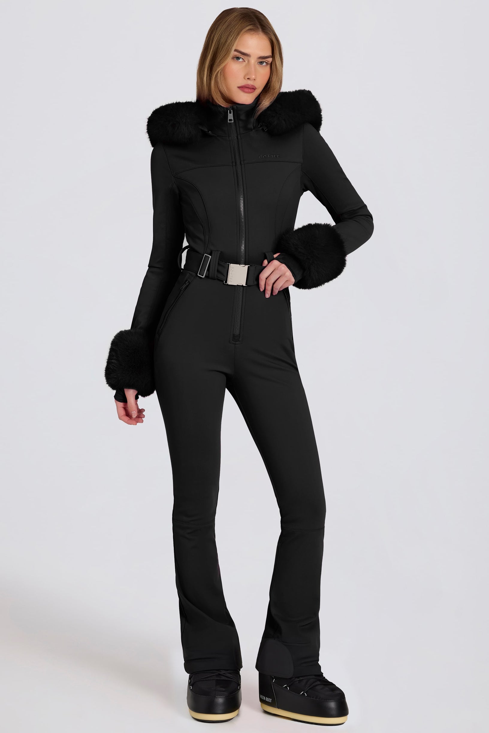 Waterproof Faux-Fur Hood Fitted Ski Suit in Black - 1
