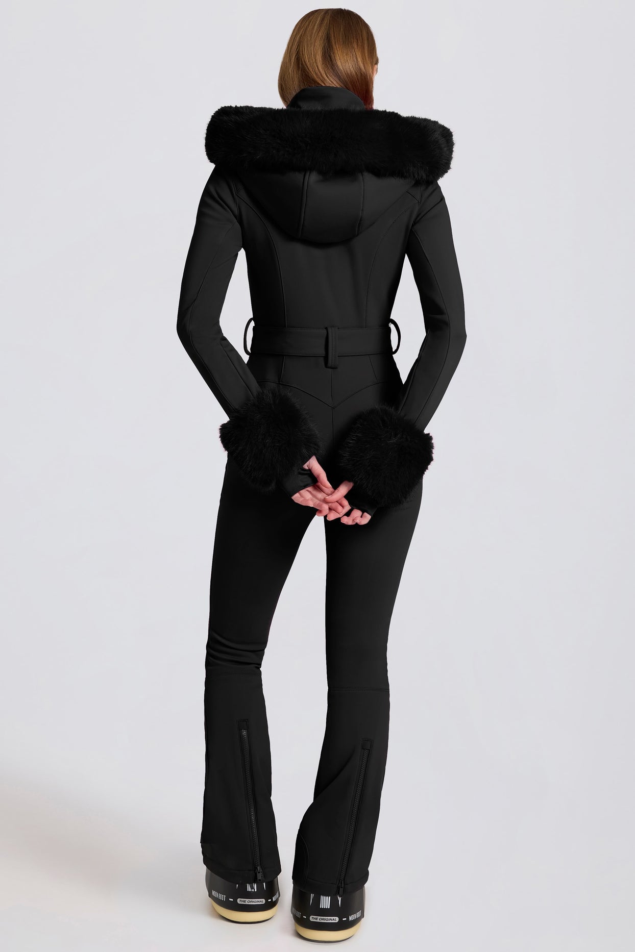 Waterproof Faux-Fur Hood Fitted Ski Suit in Black - 3