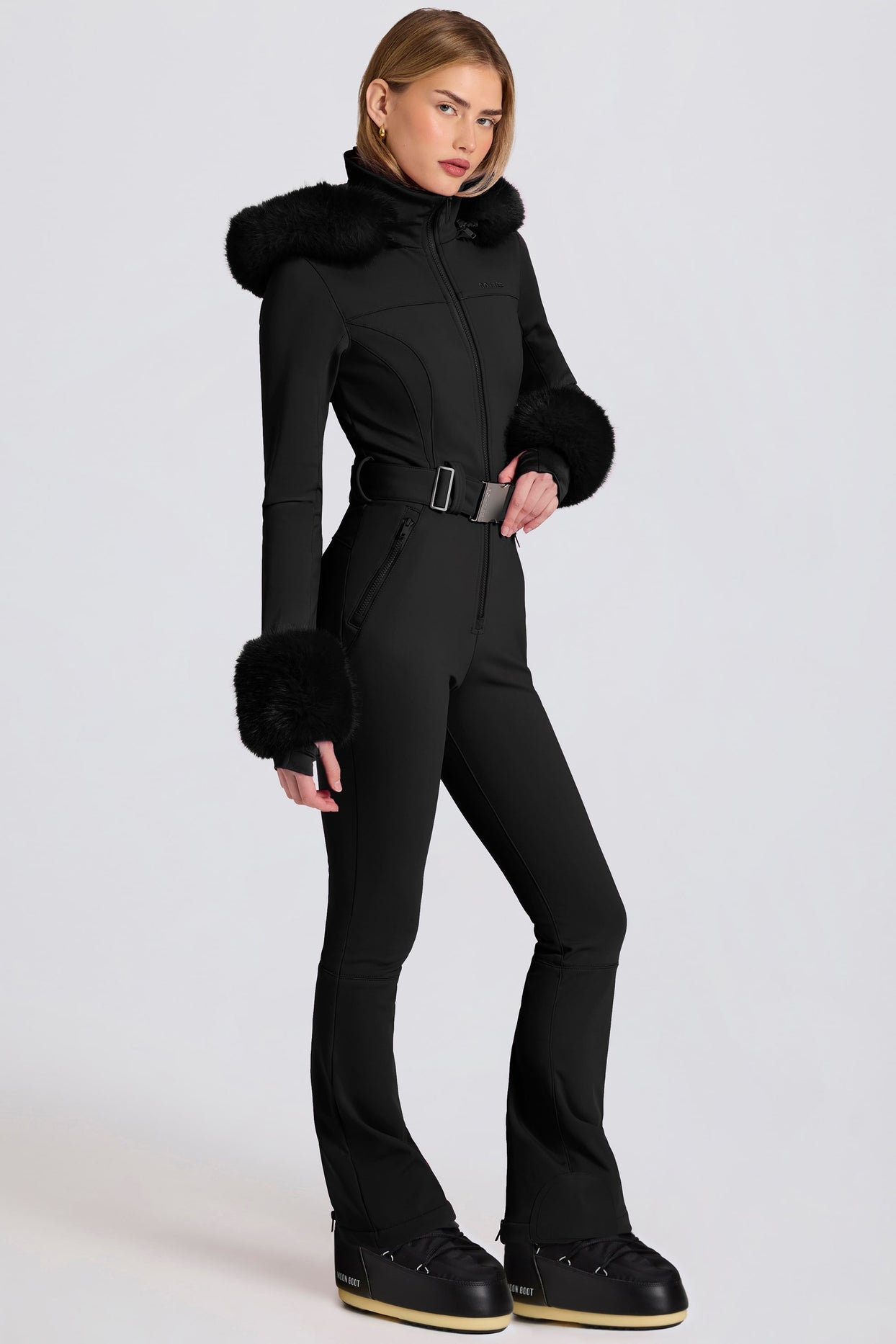 Waterproof Faux-Fur Hood Fitted Ski Suit in Black - 4