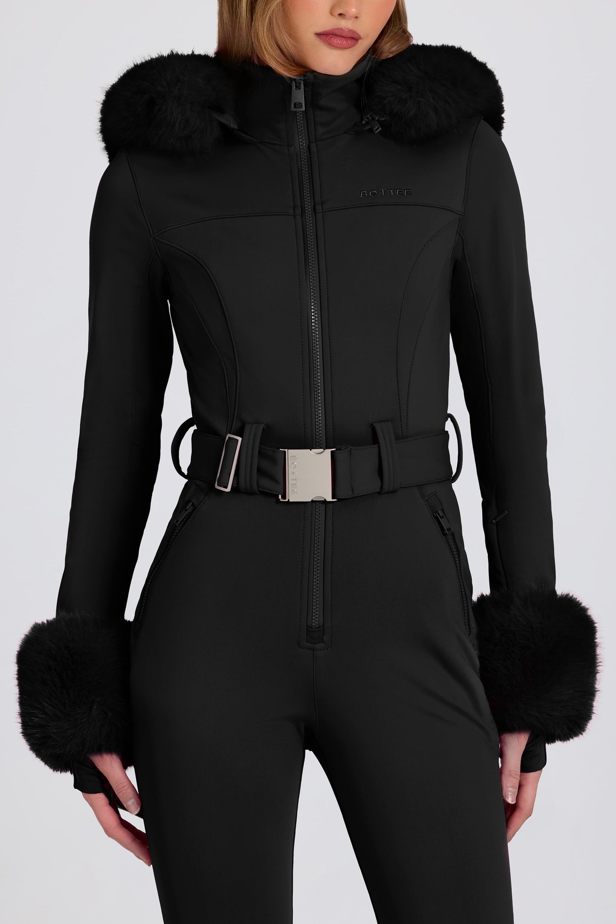 Waterproof Faux-Fur Hood Fitted Ski Suit in Black - 5