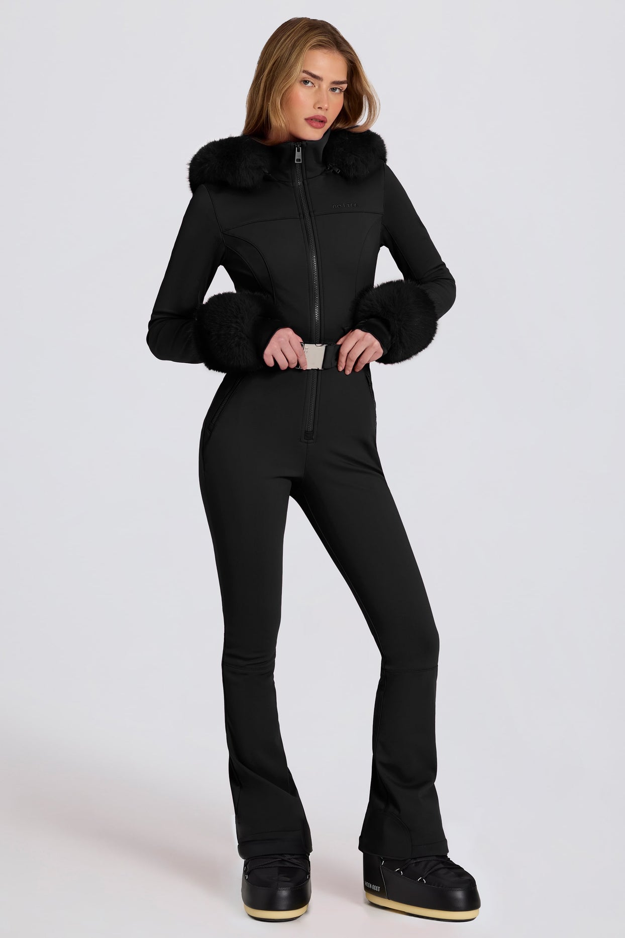 Waterproof Faux-Fur Hood Fitted Ski Suit in Black - 6