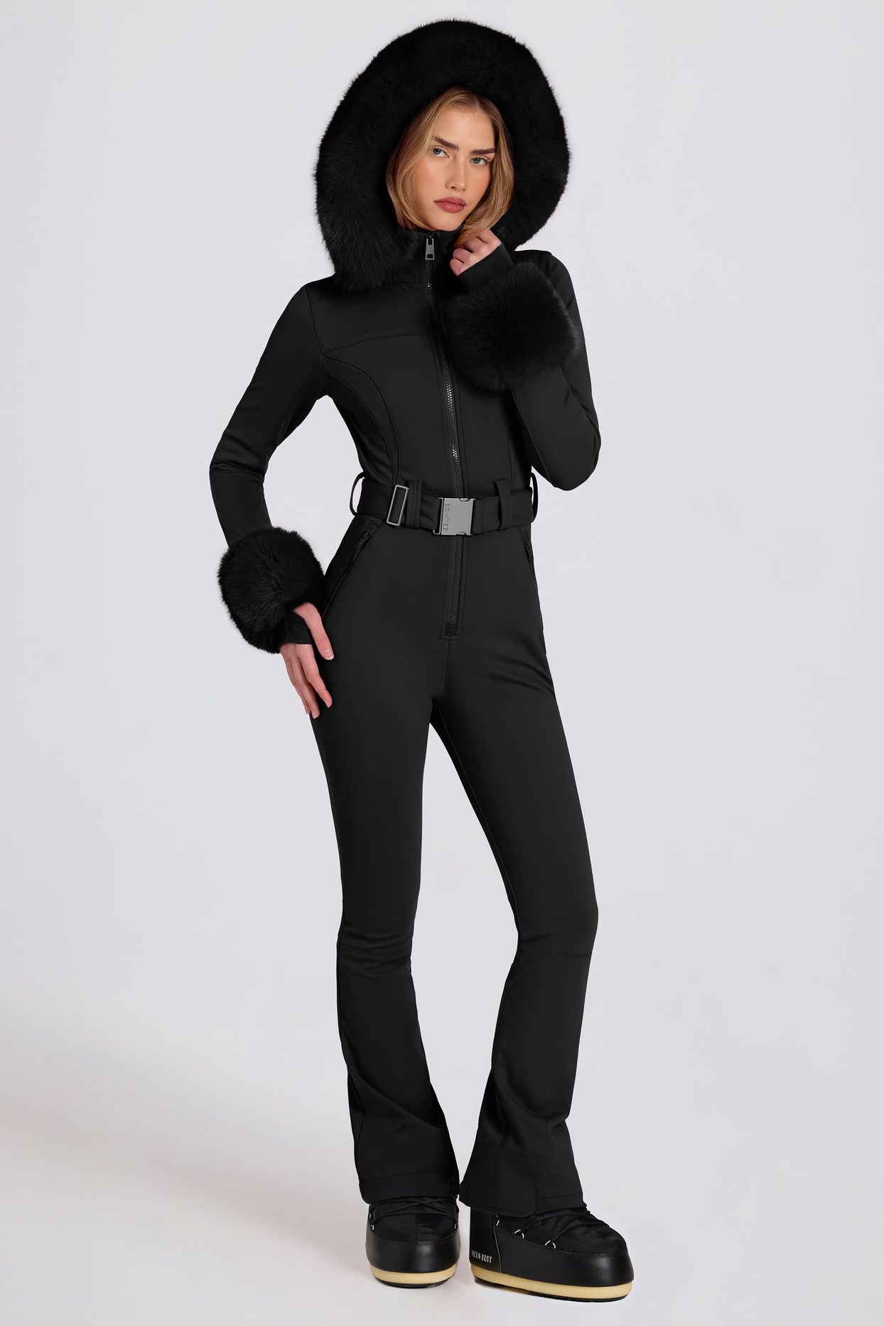 Waterproof Faux-Fur Hood Fitted Ski Suit in Black - 7