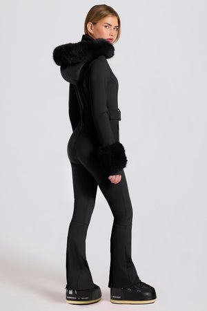Waterproof Faux-Fur Hood Fitted Ski Suit in Black