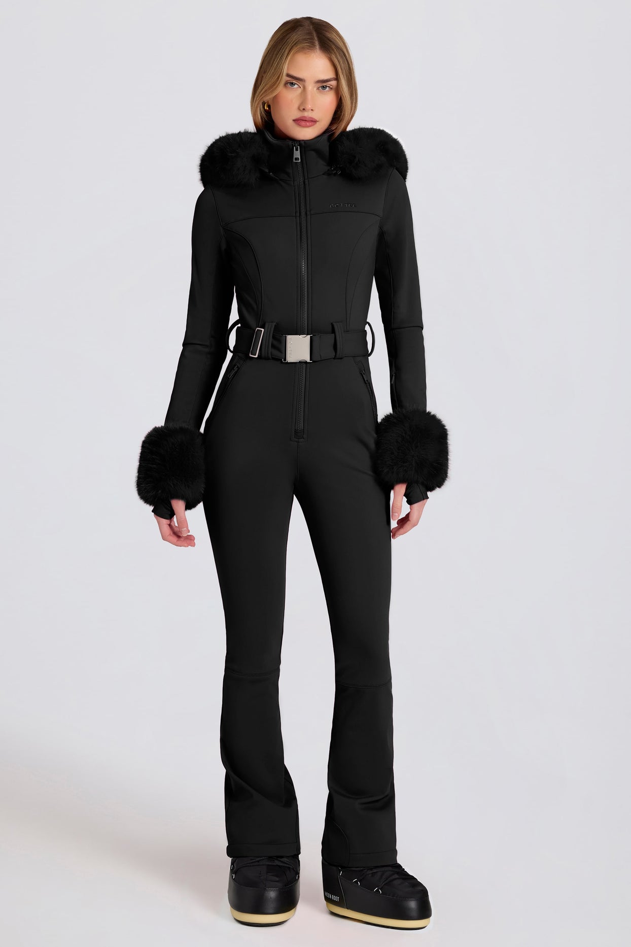 Waterproof Faux-Fur Hood Fitted Ski Suit in Black - 8