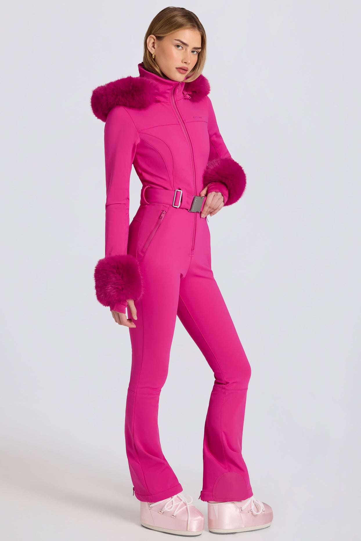 Waterproof Faux-Fur Hood Fitted Ski Suit in Magenta Pink - 4