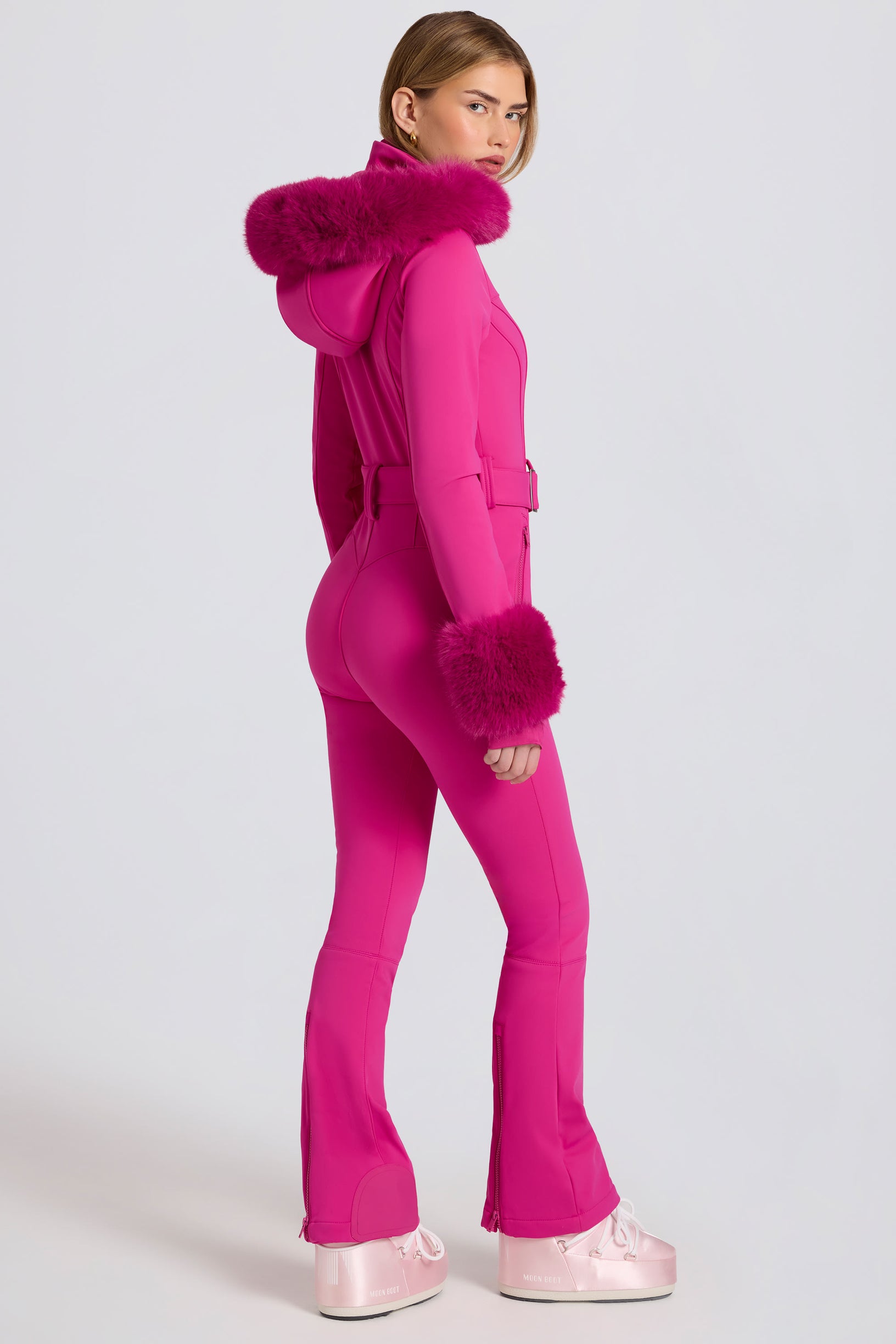 Waterproof Faux-Fur Hood Fitted Ski Suit in Magenta Pink - 2