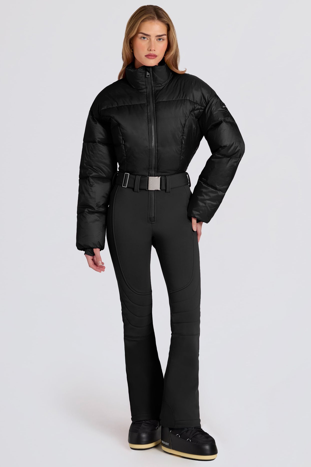 Waterproof Padded Belted Ski Suit in Black - 4