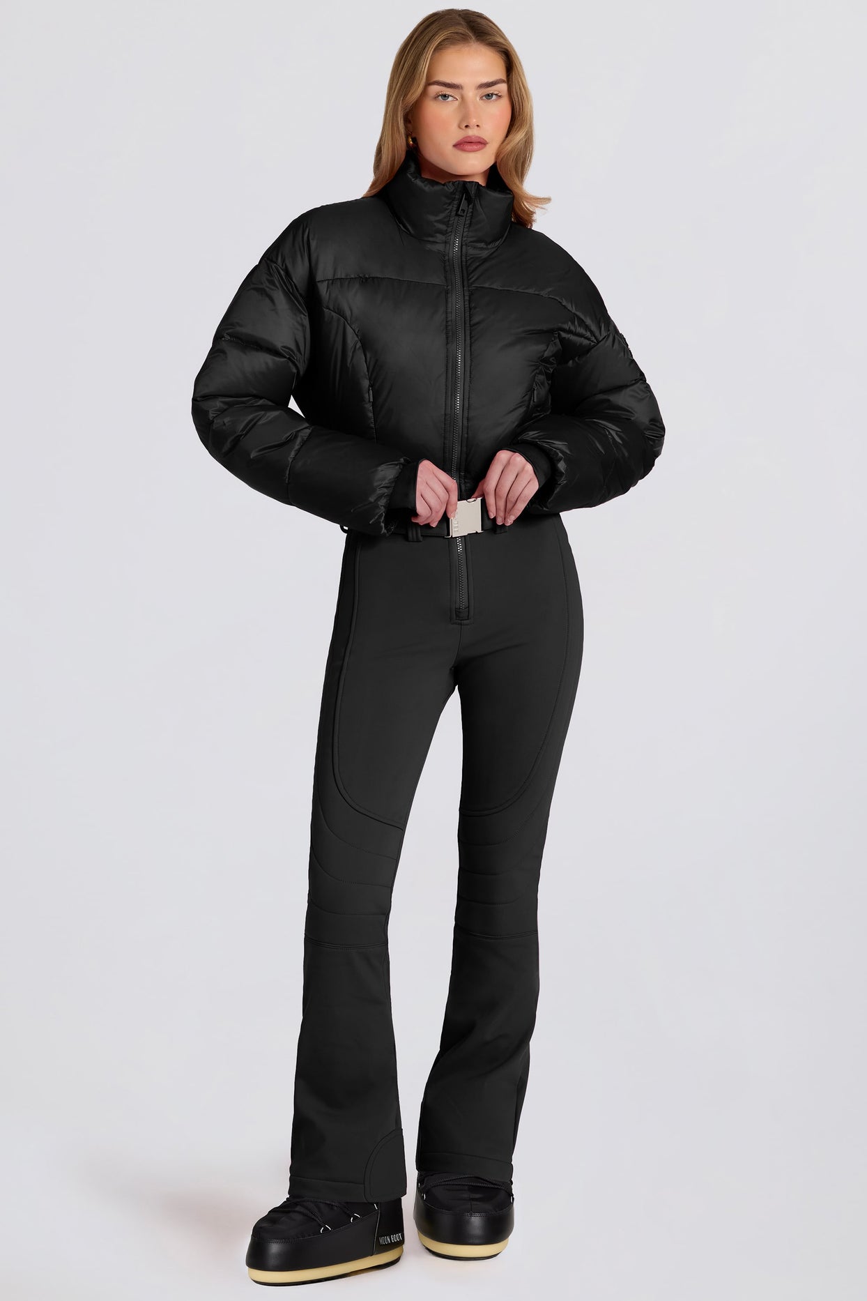 Waterproof Padded Belted Ski Suit in Black - 7