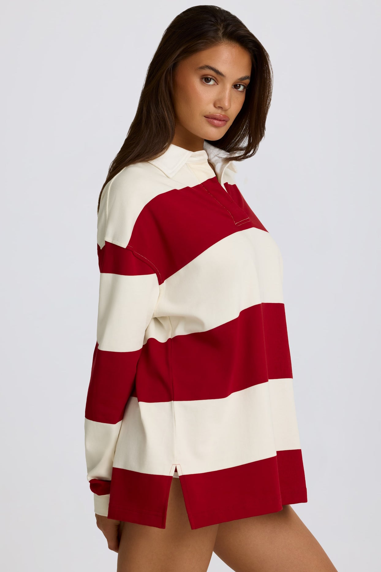 Striped Oversized Long-Sleeve T-Shirt in Dark Red - 3