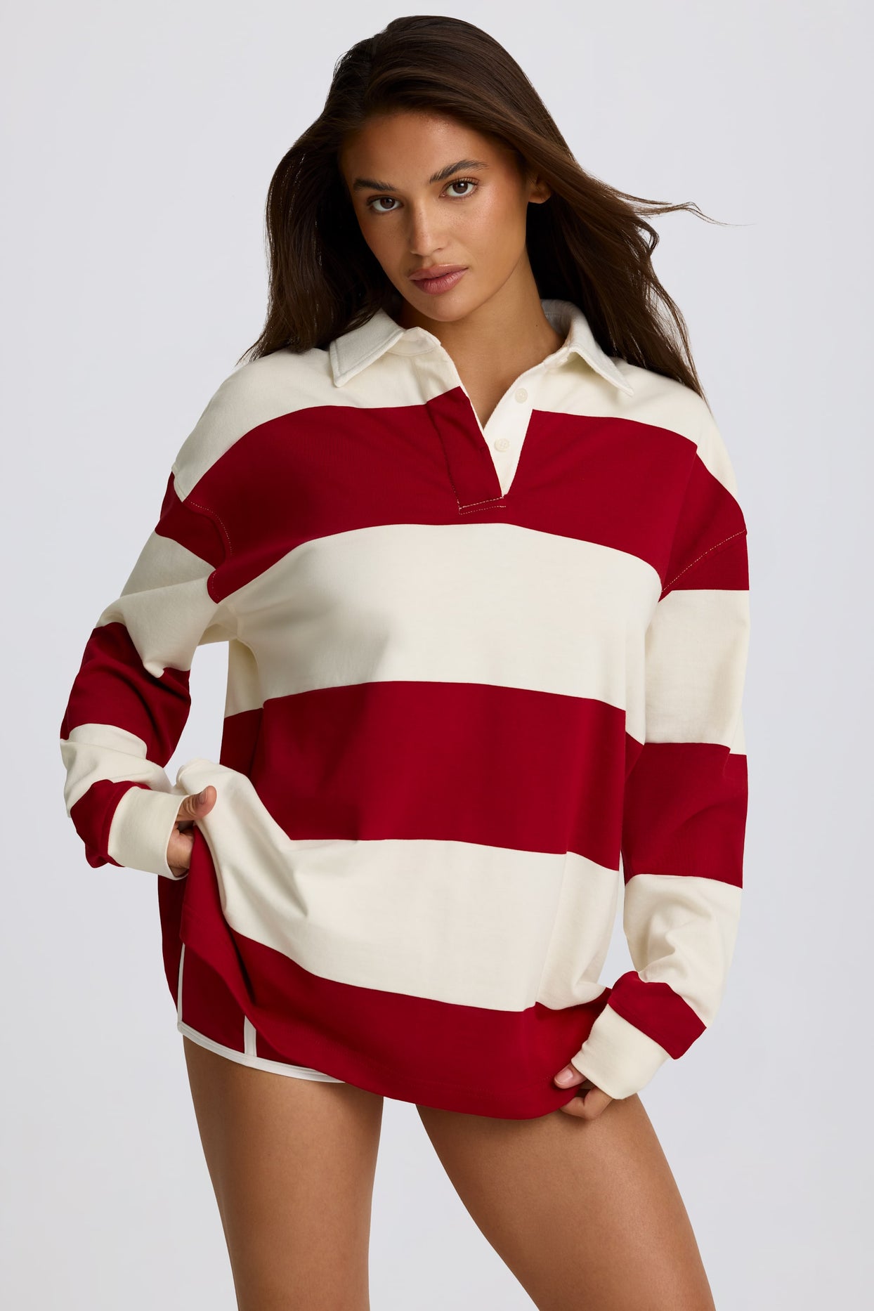 Striped Oversized Long-Sleeve T-Shirt in Dark Red - 1
