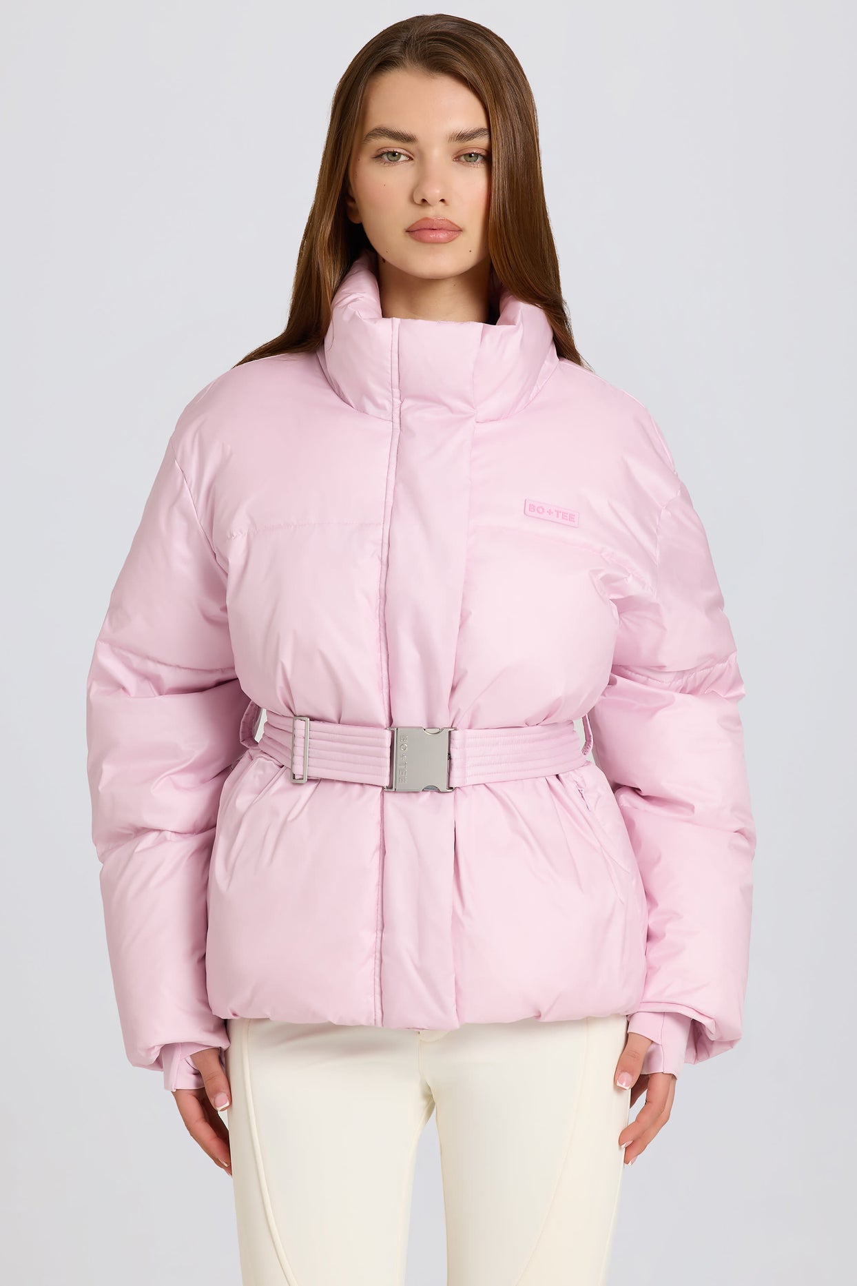 Waterproof Belted Oversized Ski Jacket in Powder Pink - 6