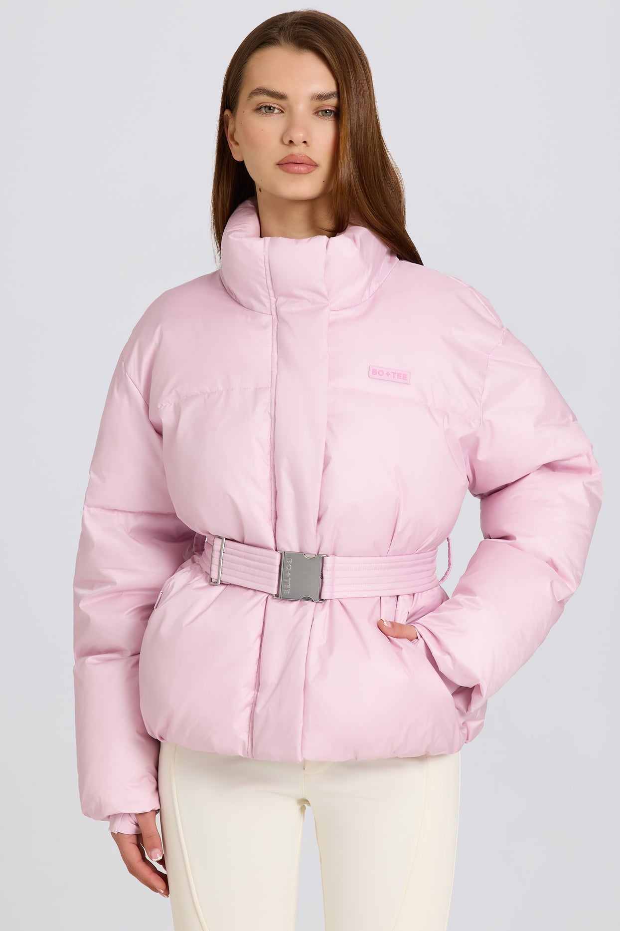Waterproof Belted Oversized Ski Jacket in Powder Pink - 1