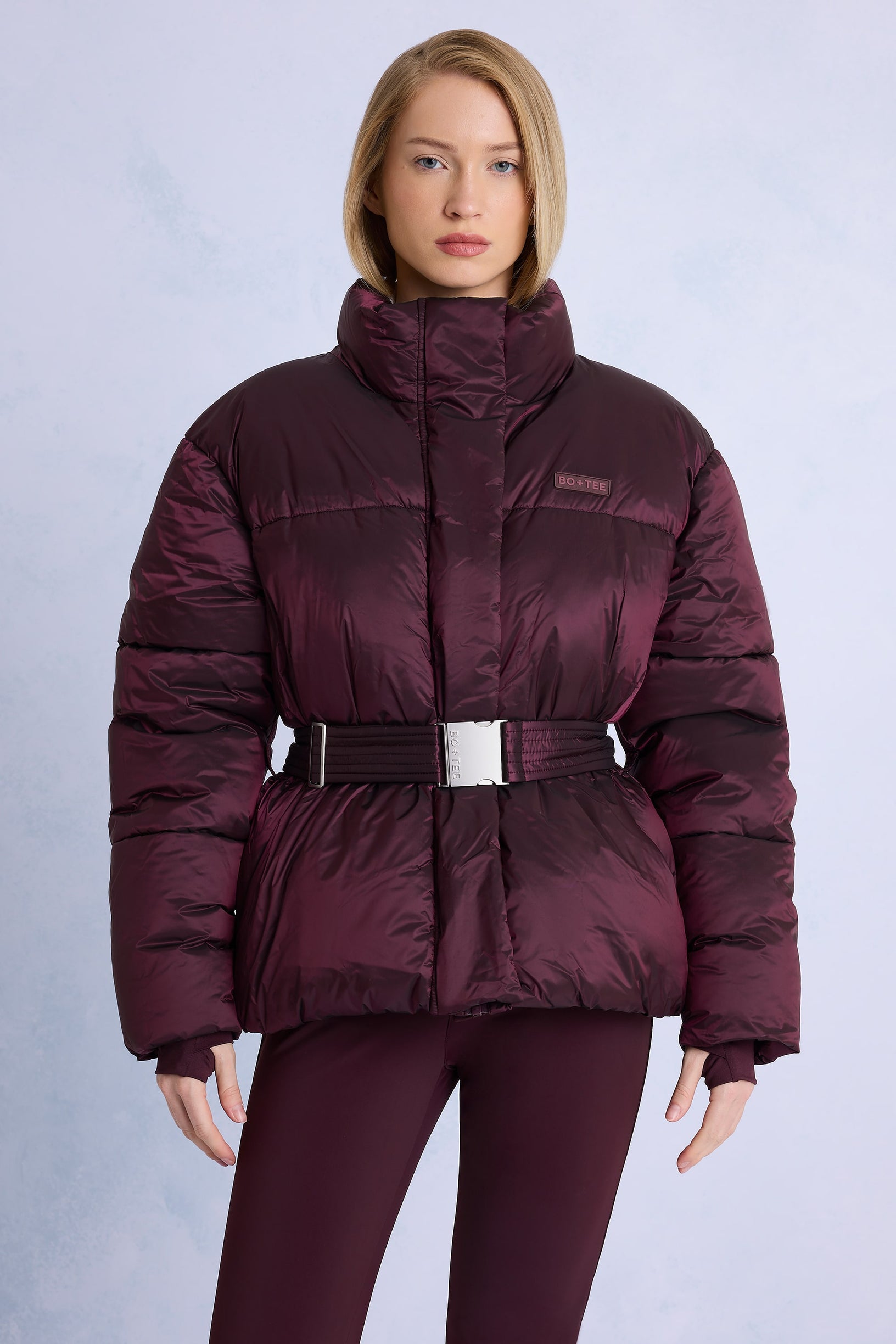 Waterproof Belted Oversized Ski Jacket in Burgundy - 1