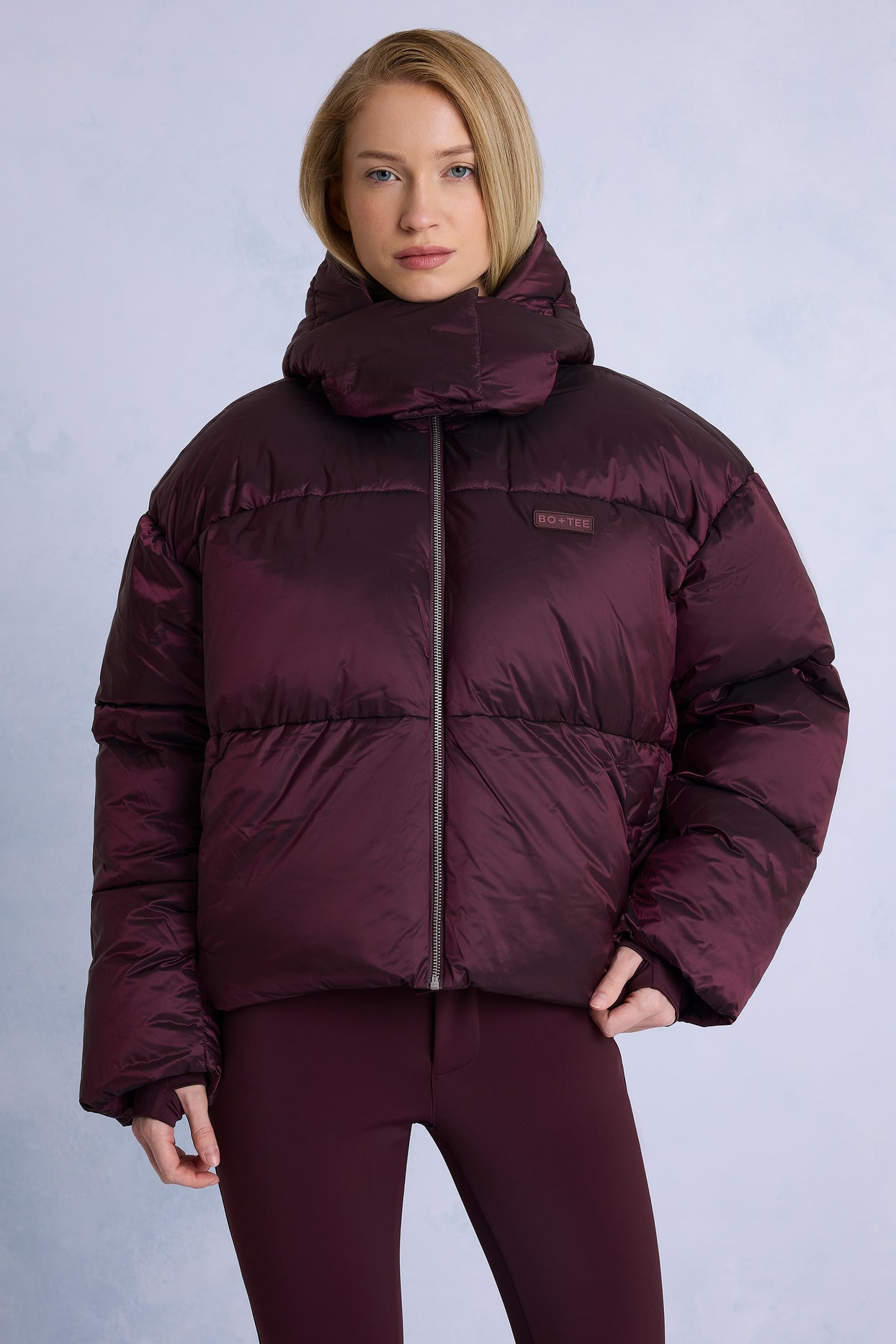 Waterproof Cropped Oversized Ski Jacket in Burgundy - 2