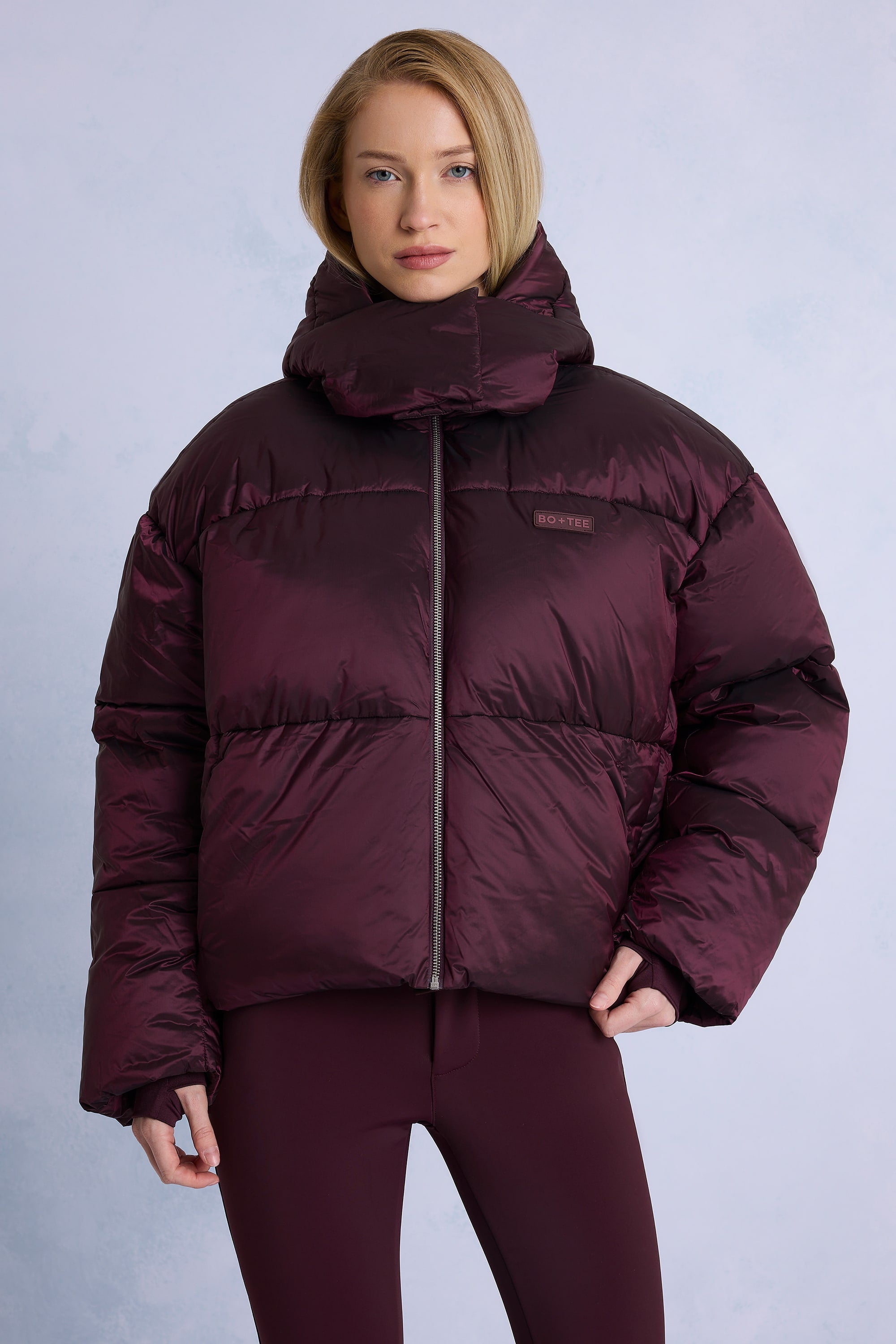 Waterproof Cropped Oversized Ski Jacket in Burgundy - 2