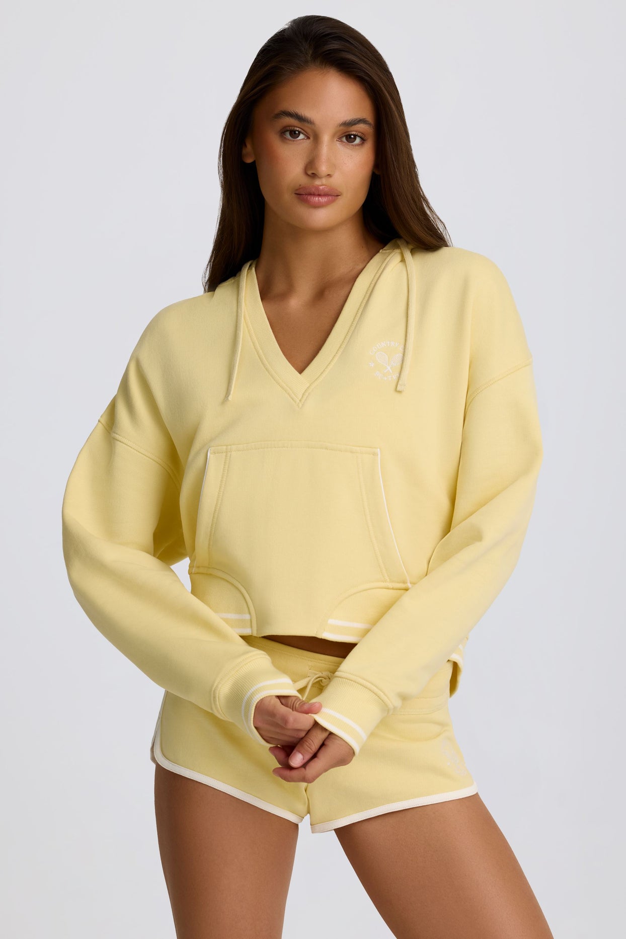 Cotton Jersey V-Neck Hoodie in Lemon - 1